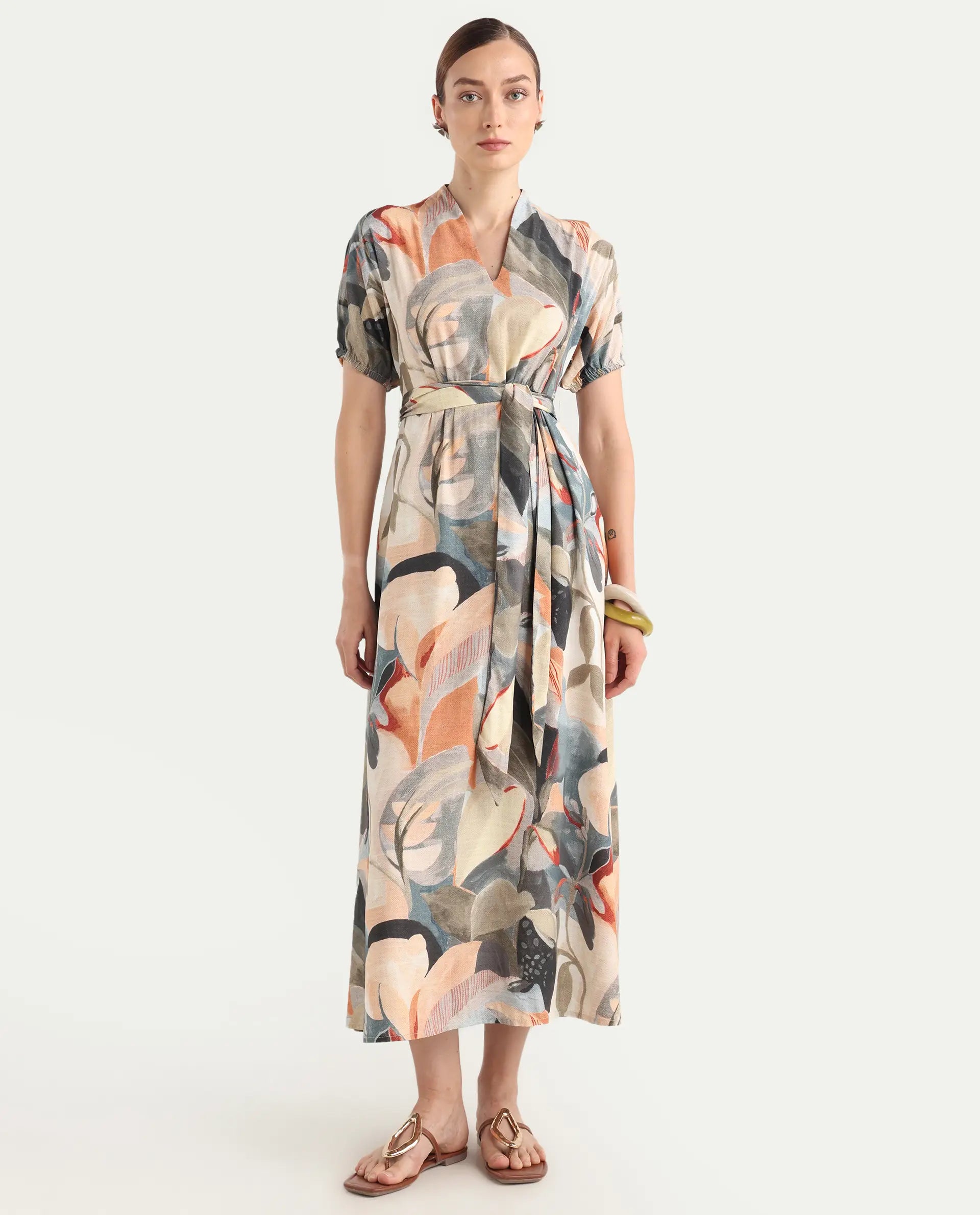 Rareism Women's Arnai Multi Viscose V-Neck A-Line Abstract Print Dress