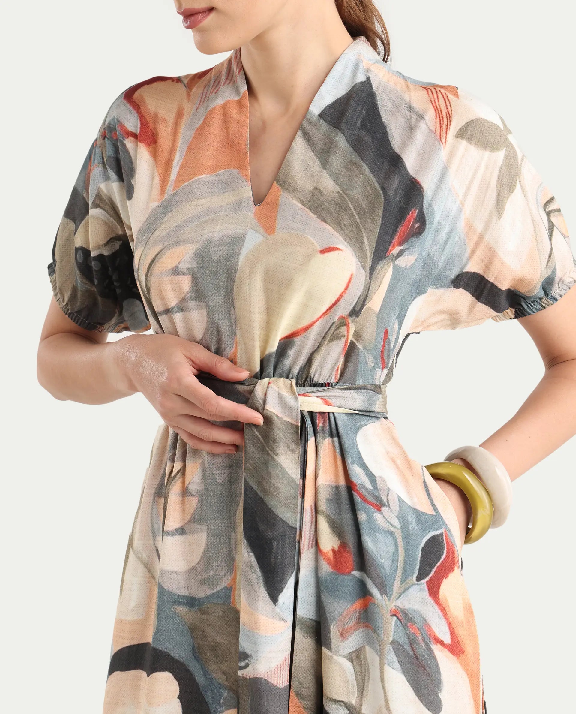 Rareism Women's Arnai Multi Viscose V-Neck A-Line Abstract Print Dress