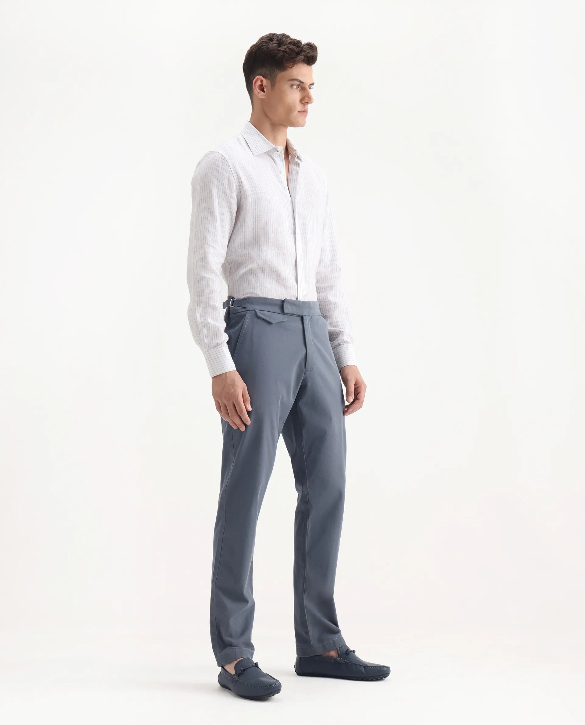 Rare Rabbit Men's Arne Dusky Blue Cotton Blend Plain Regular Fit Trouser