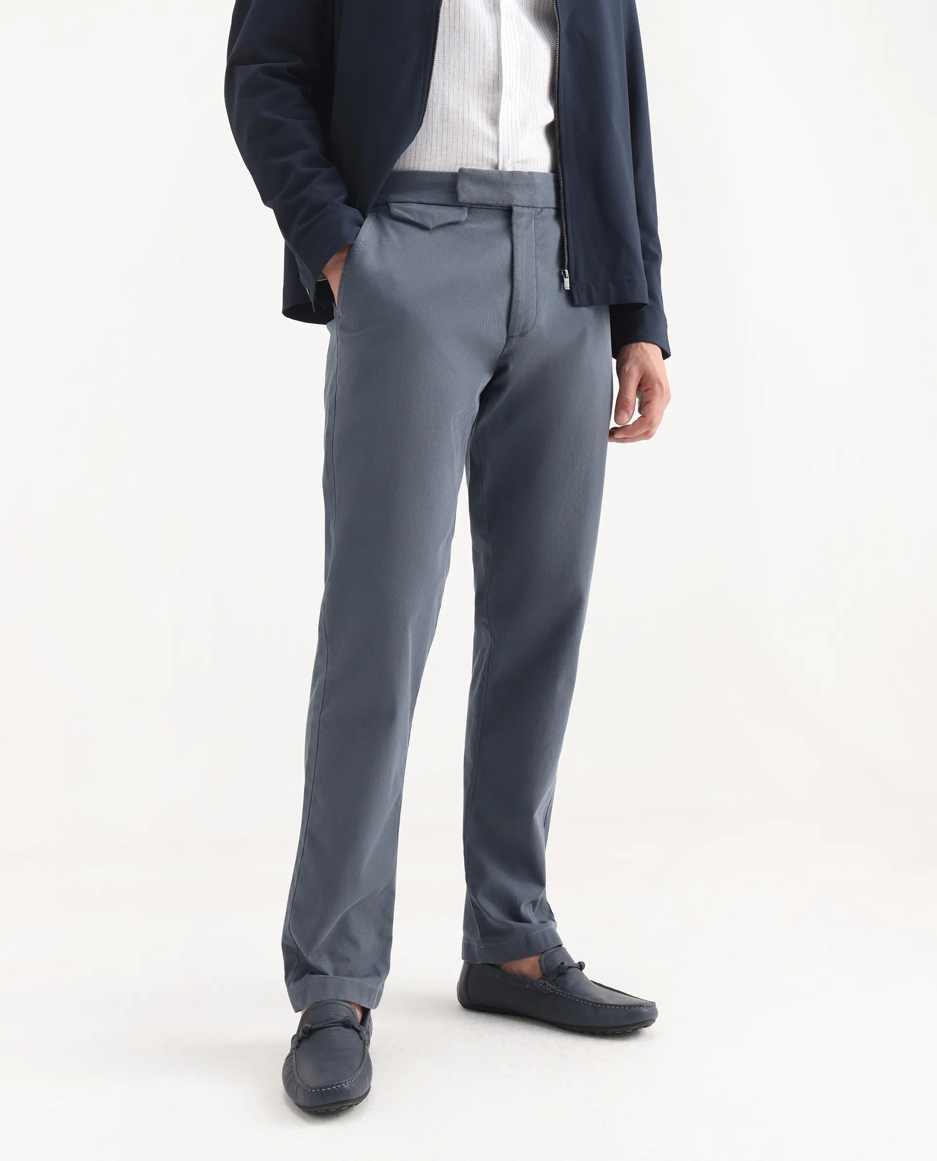 Rare Rabbit Men's Arne Dusky Blue Cotton Blend Plain Regular Fit Trouser