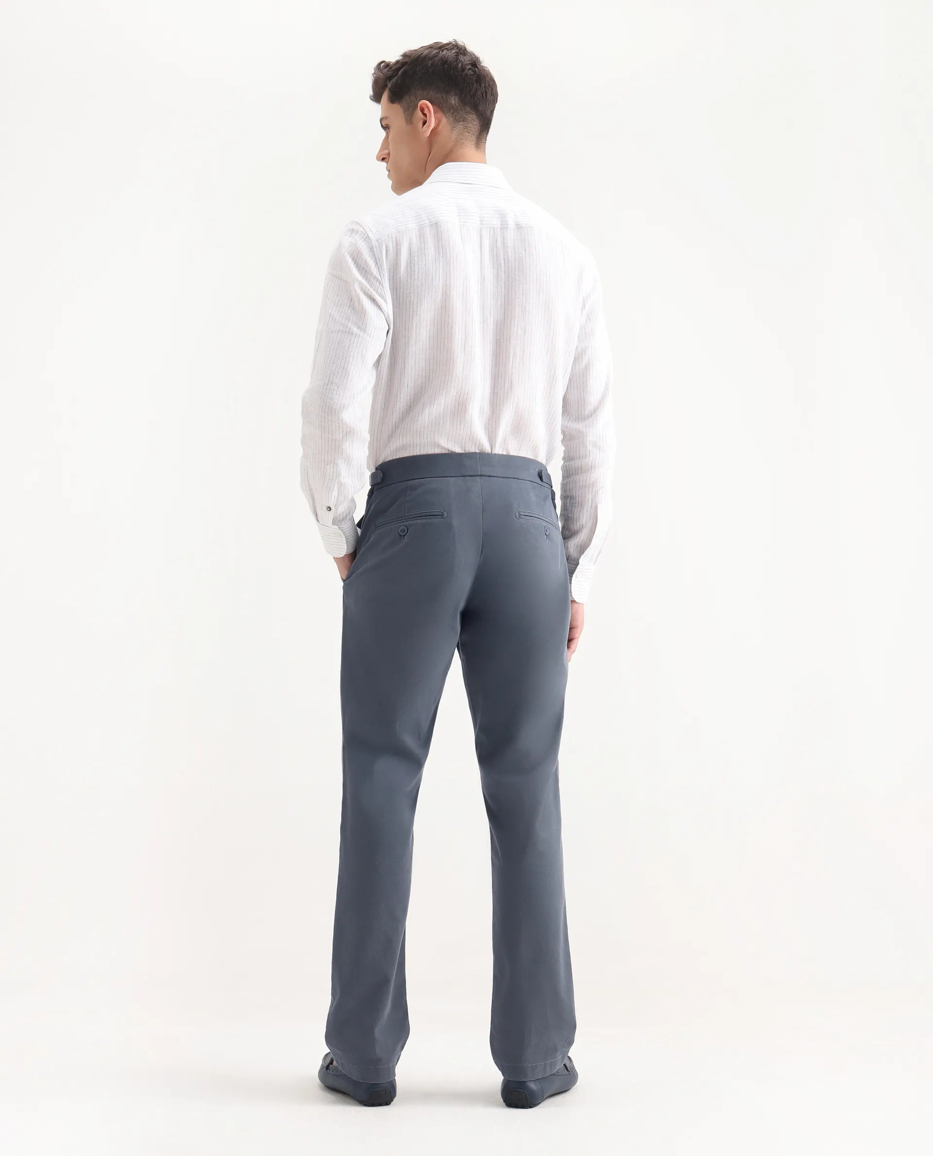 Rare Rabbit Men's Arne Dusky Blue Cotton Blend Plain Regular Fit Trouser