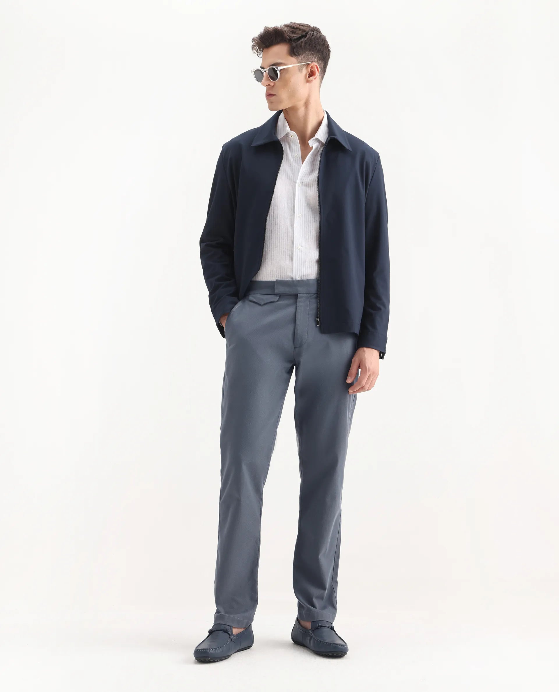 Rare Rabbit Men's Arne Dusky Blue Cotton Blend Plain Regular Fit Trouser