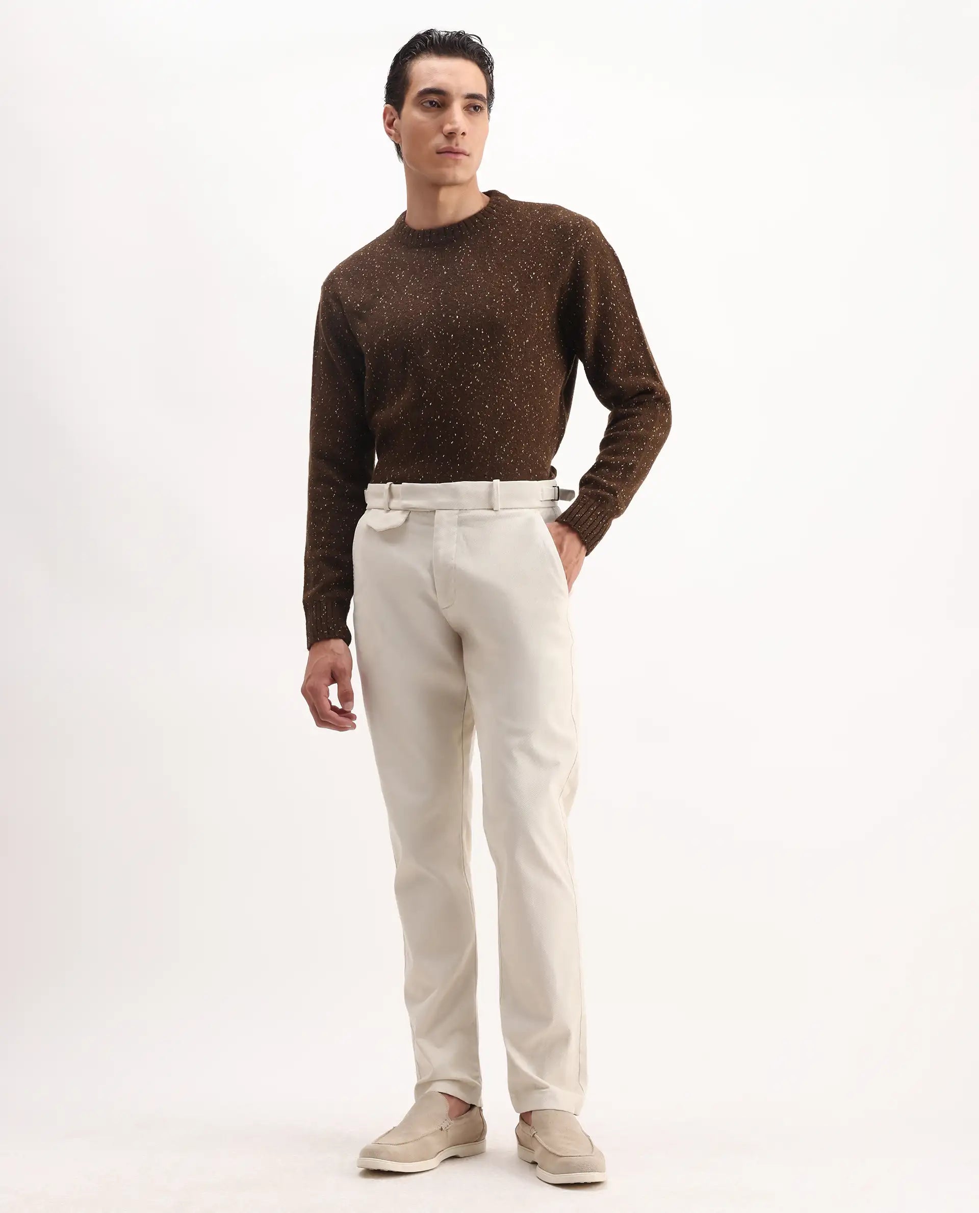 Rare Rabbit Men's Arne Off White Cotton Blend Plain Regular Fit Trouser