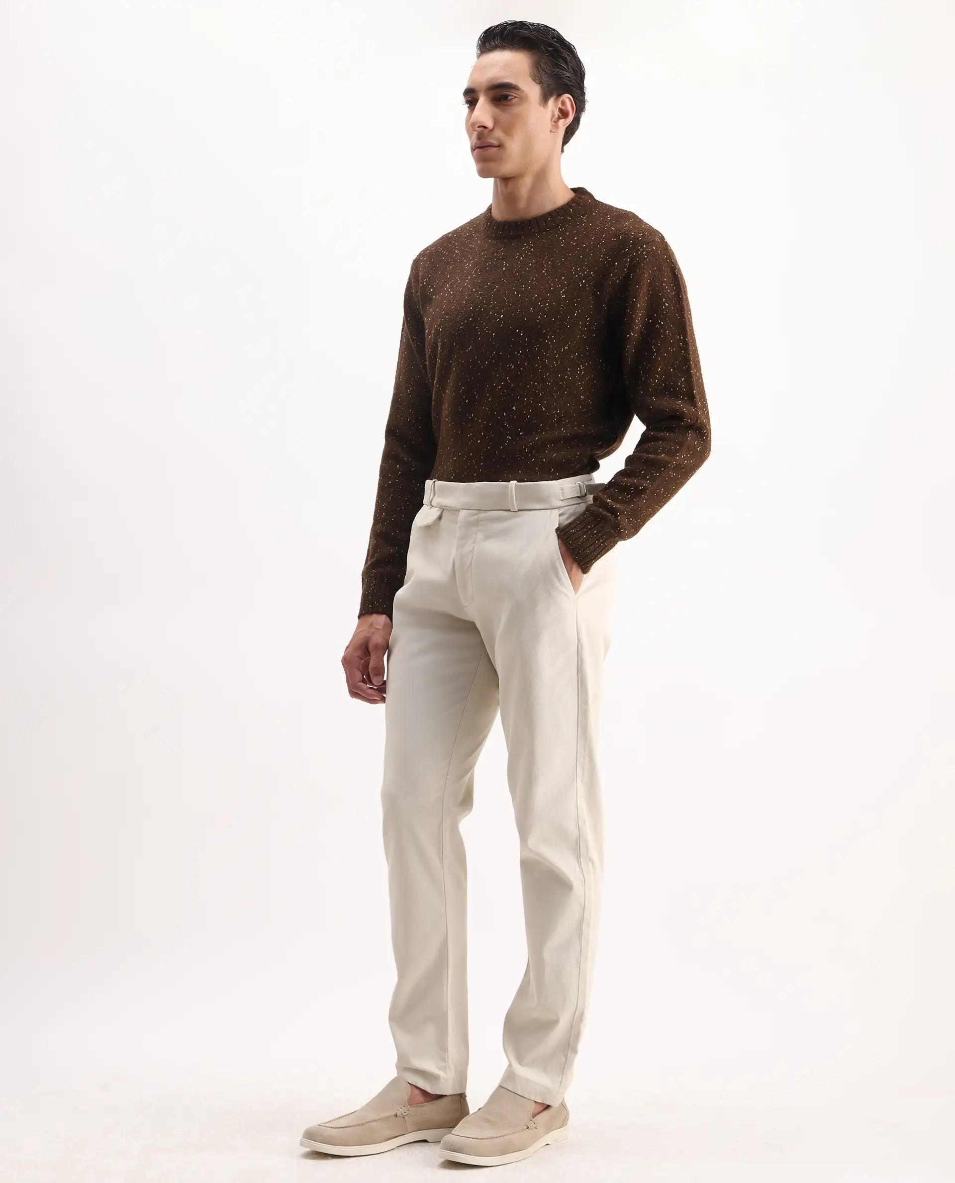 Rare Rabbit Men's Arne Off White Cotton Blend Plain Regular Fit Trouser