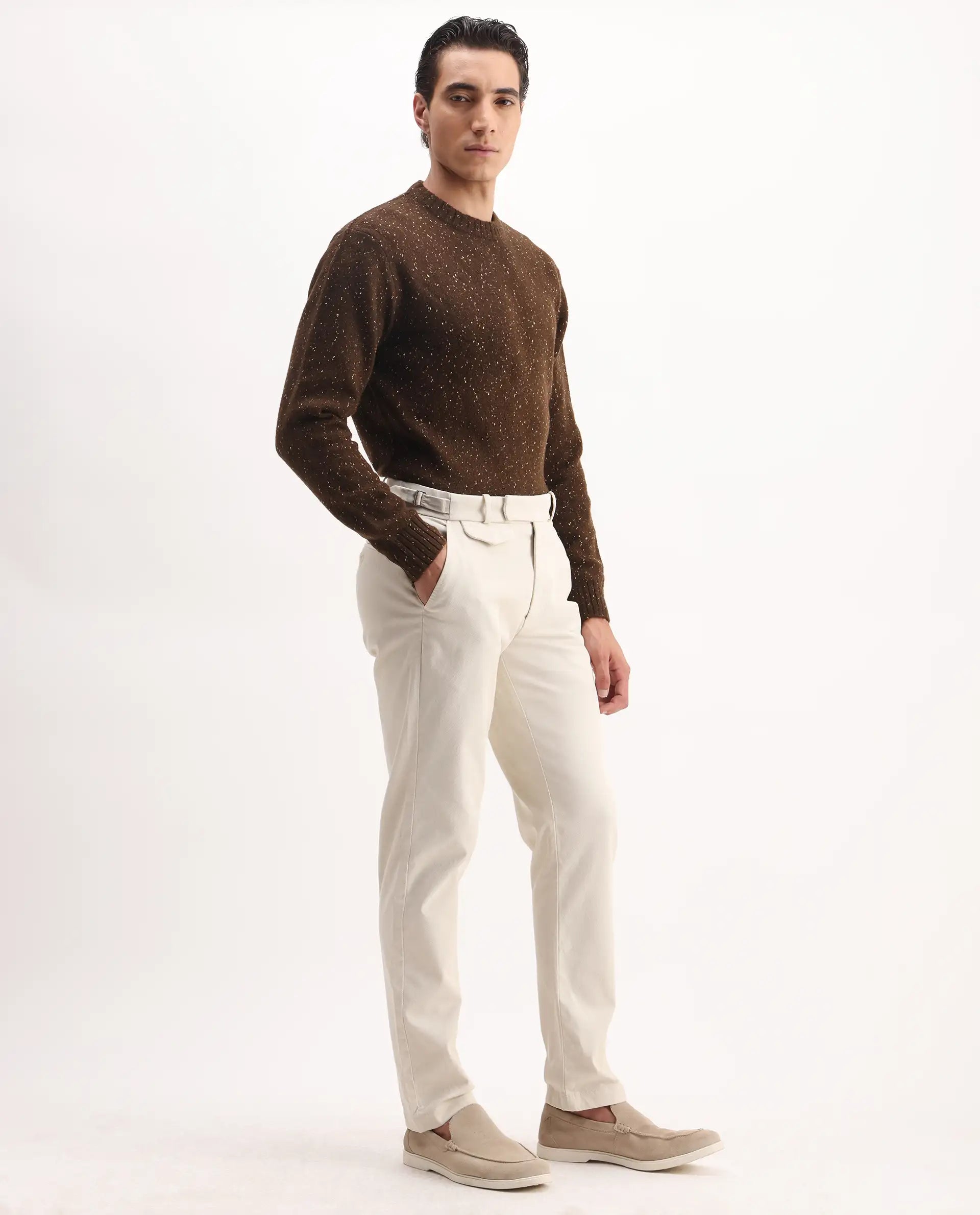 Rare Rabbit Men's Arne Off White Cotton Blend Plain Regular Fit Trouser