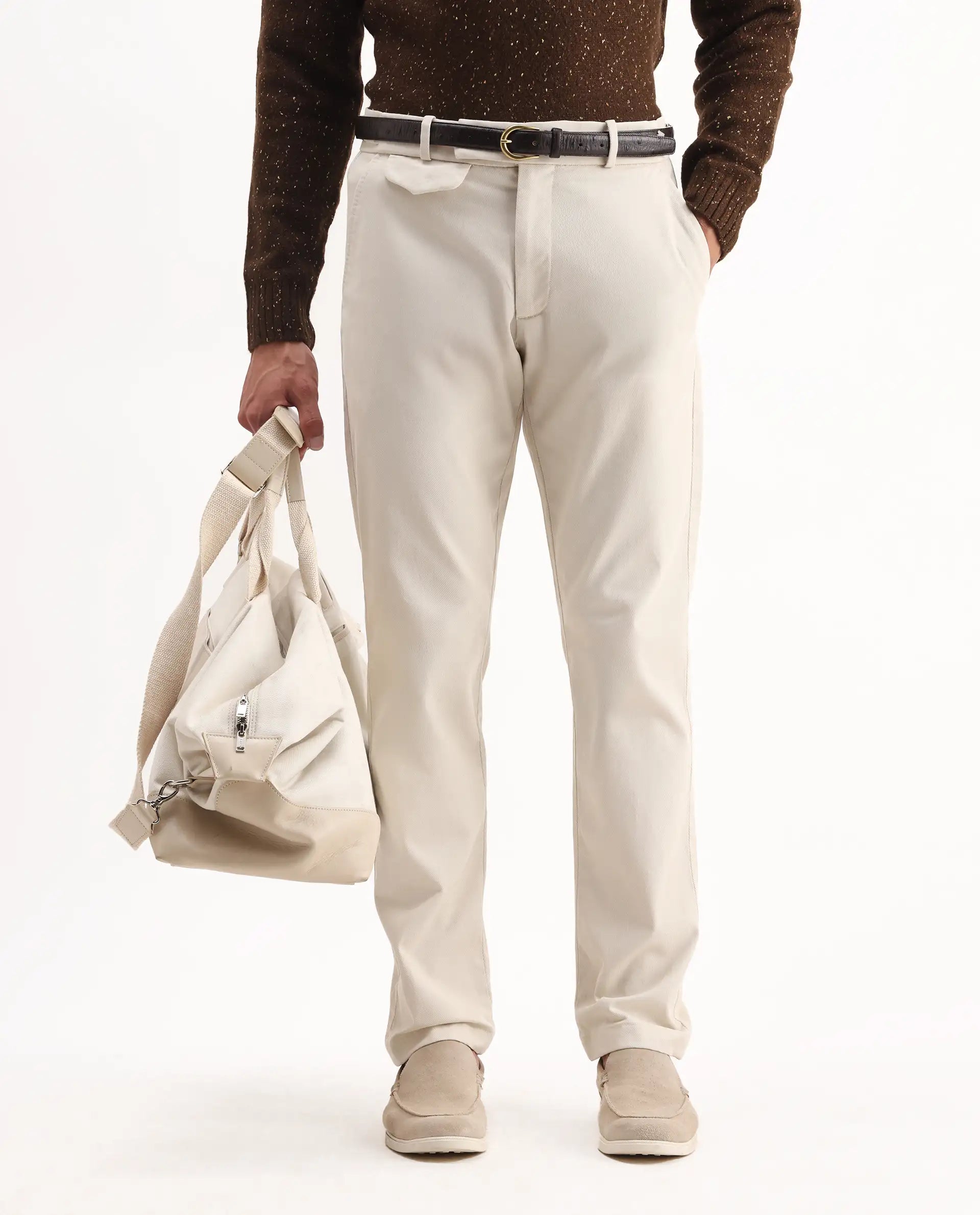 Rare Rabbit Men's Arne Off White Cotton Blend Plain Regular Fit Trouser