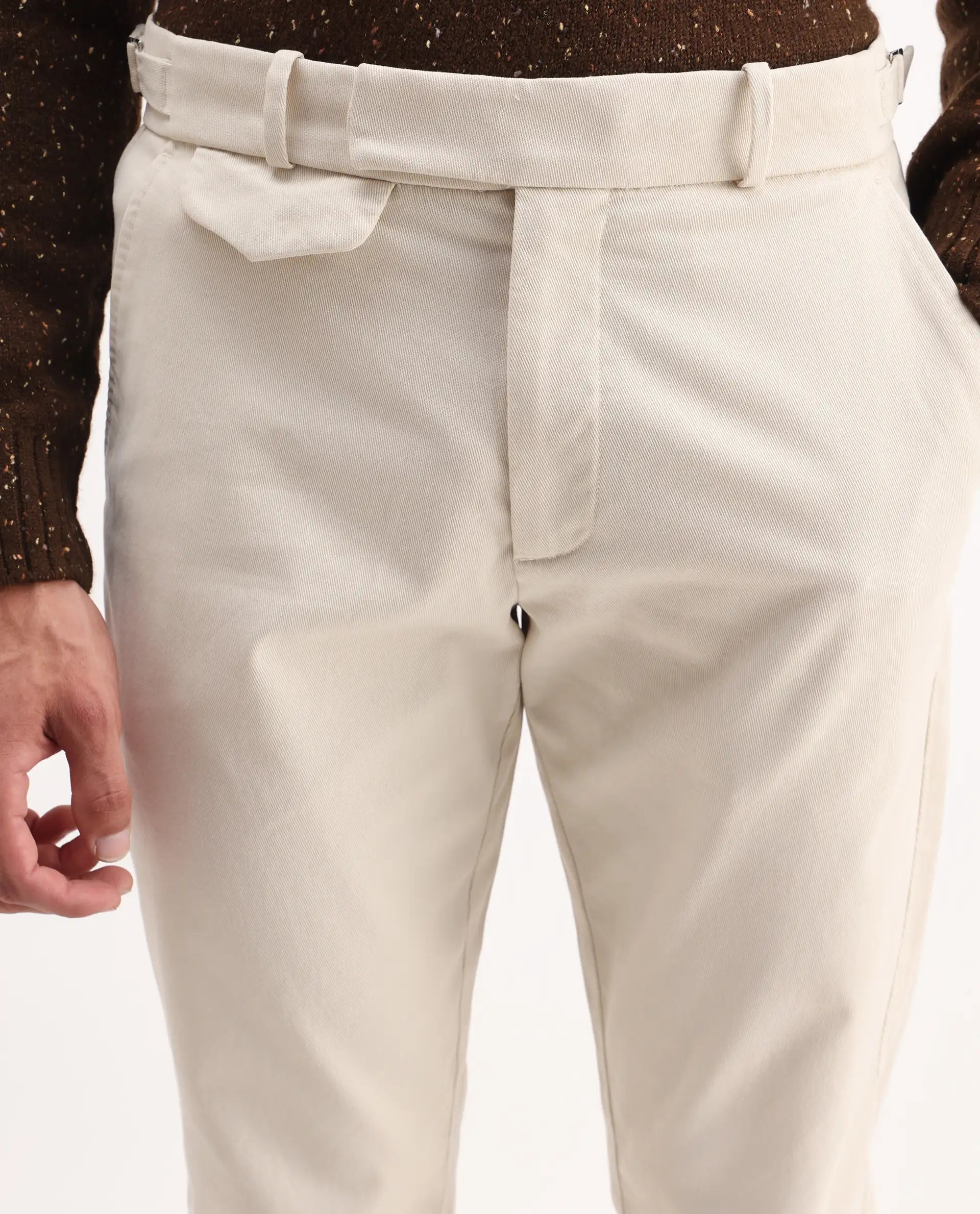 Rare Rabbit Men's Arne Off White Cotton Blend Plain Regular Fit Trouser