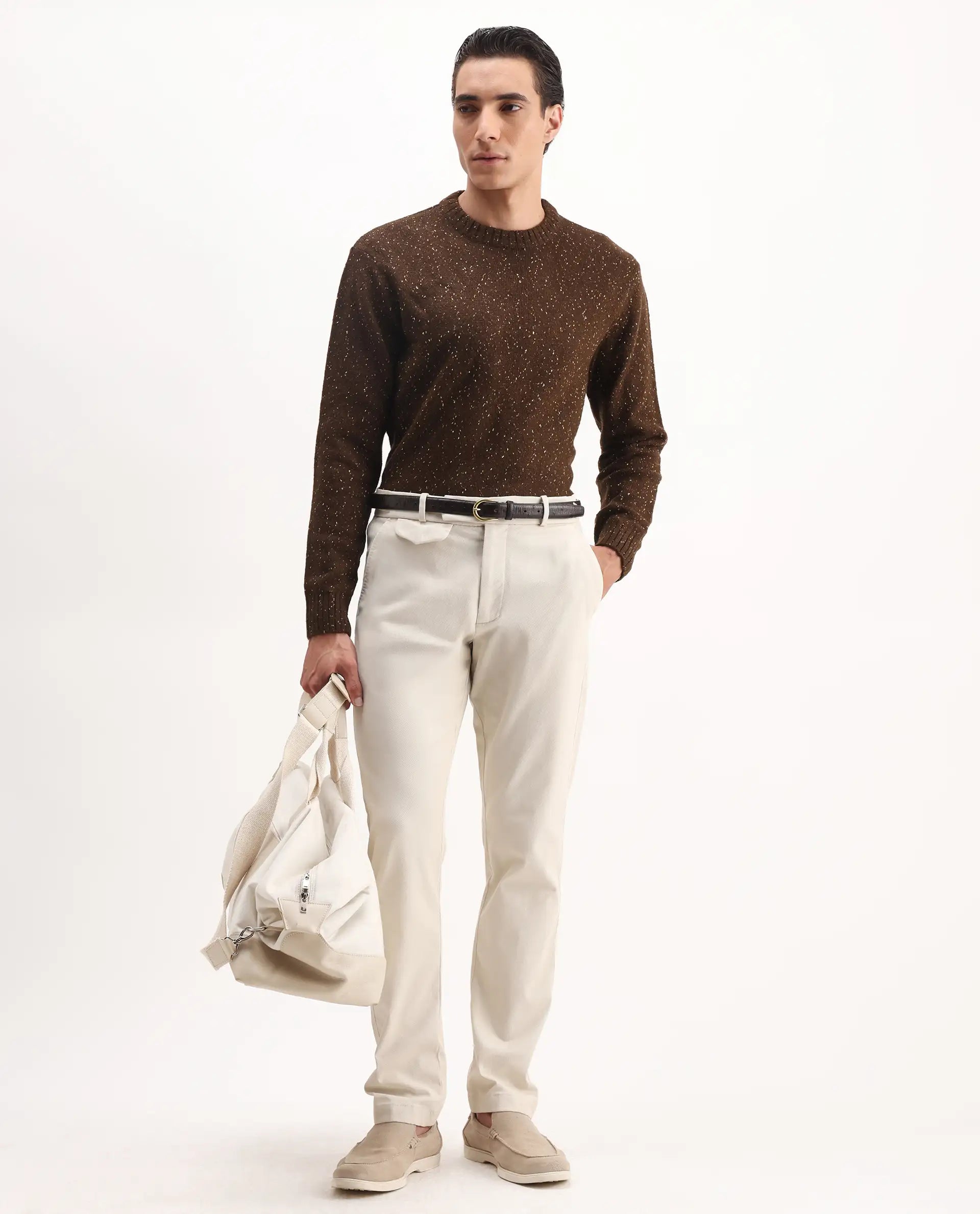 Rare Rabbit Men's Arne Off White Cotton Blend Plain Regular Fit Trouser