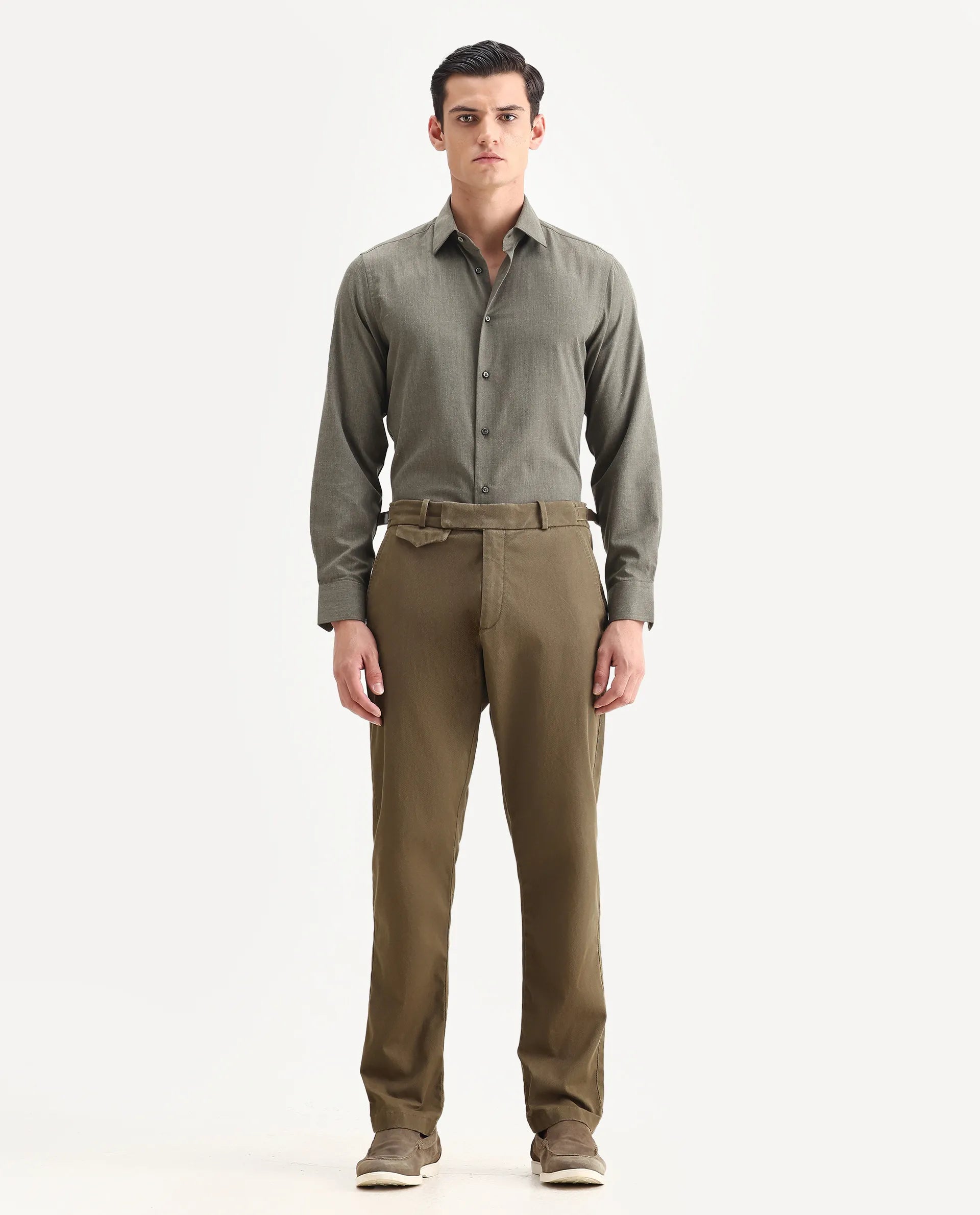 Rare Rabbit Men Arne Olive Cotton Blend Plain Regular Fit Trouser