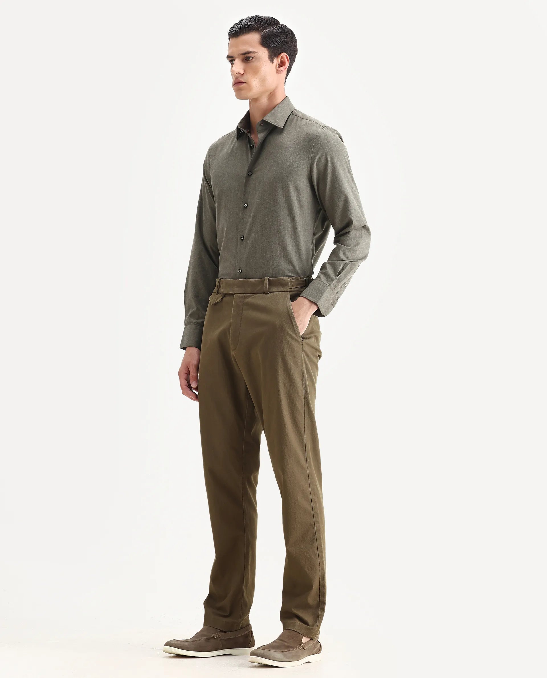 Rare Rabbit Men Arne Olive Cotton Blend Plain Regular Fit Trouser