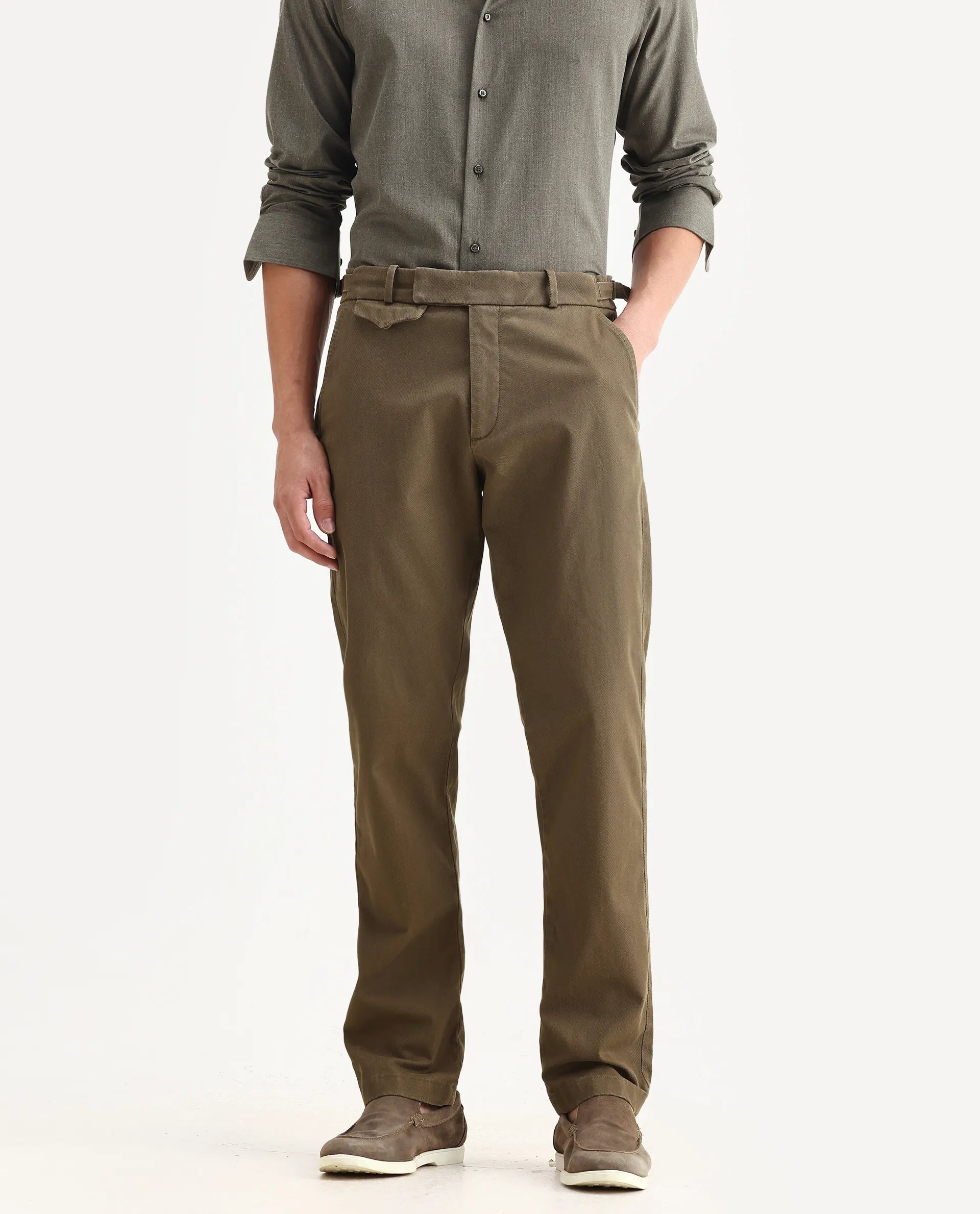 Rare Rabbit Men Arne Olive Cotton Blend Plain Regular Fit Trouser