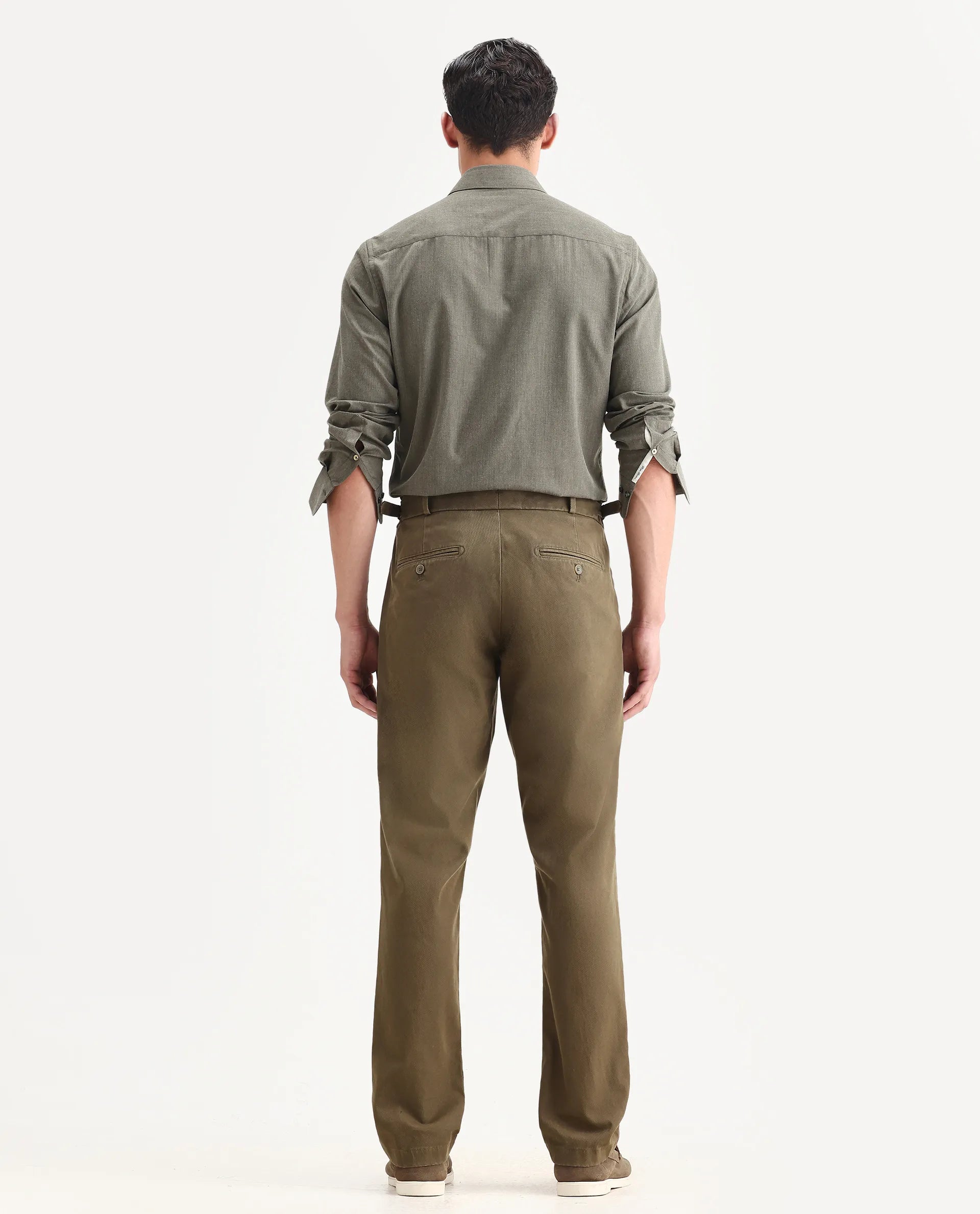 Rare Rabbit Men Arne Olive Cotton Blend Plain Regular Fit Trouser