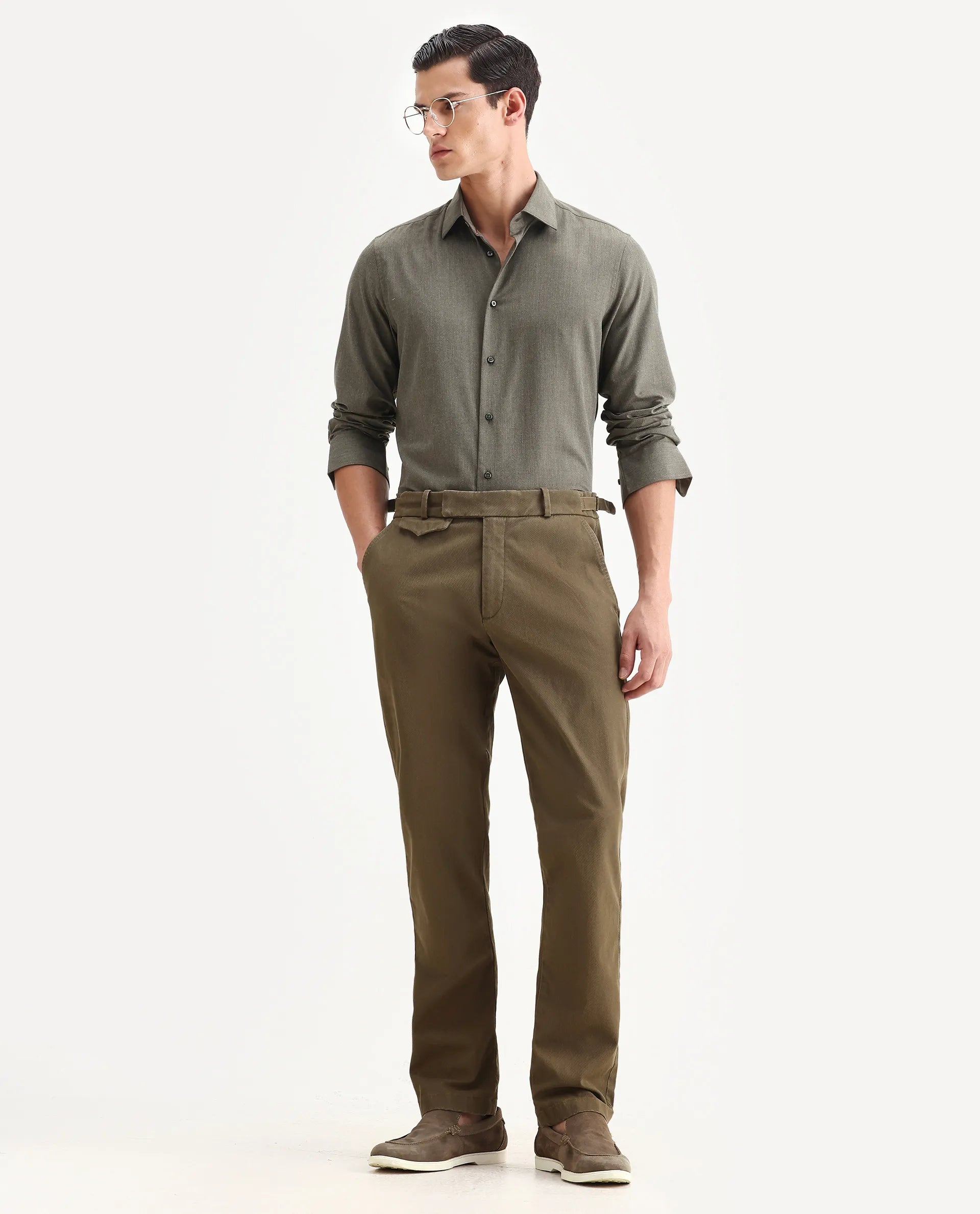 Rare Rabbit Men Arne Olive Cotton Blend Plain Regular Fit Trouser