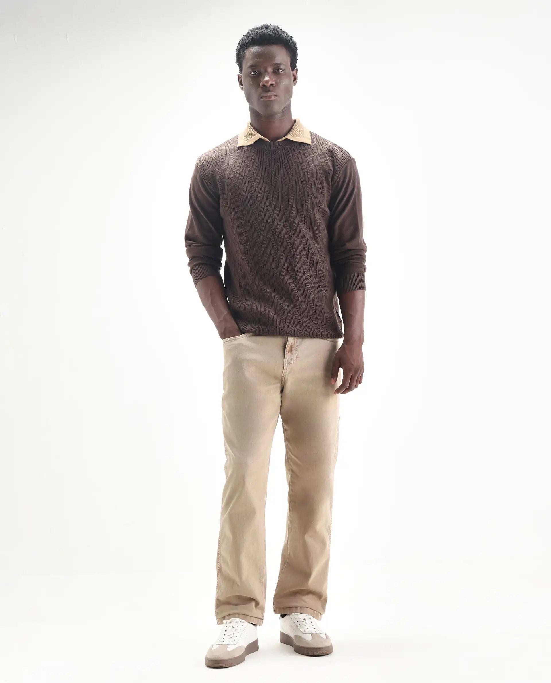 Rare Rabbit Men's Arni Light Beige Cotton Plain Relaxed Fit Jeans