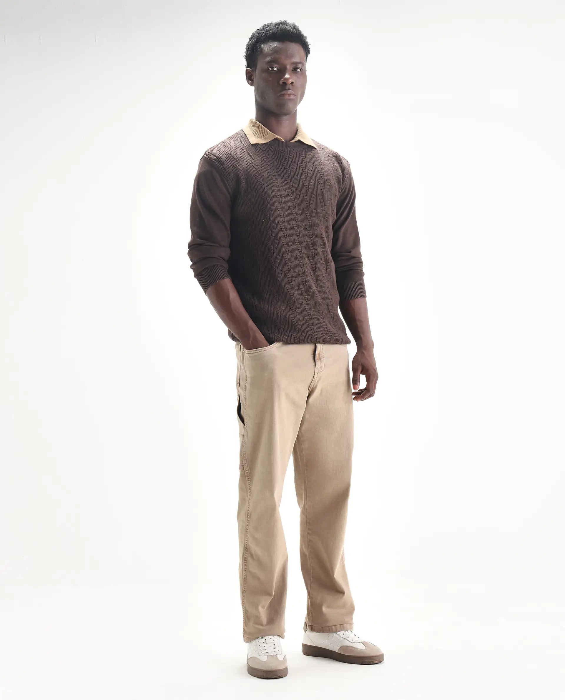 Rare Rabbit Men's Arni Light Beige Cotton Plain Relaxed Fit Jeans