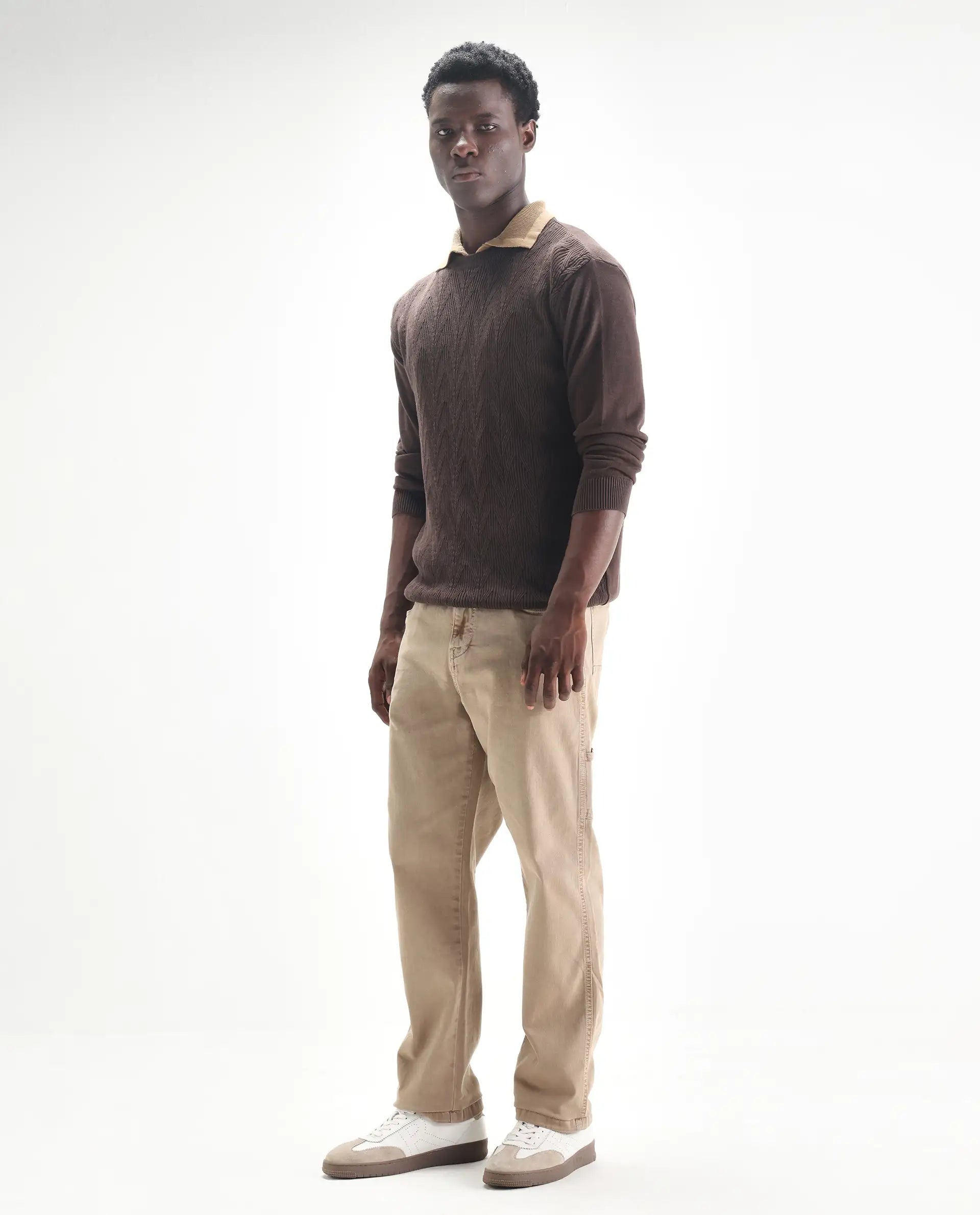 Rare Rabbit Men's Arni Light Beige Cotton Plain Relaxed Fit Jeans