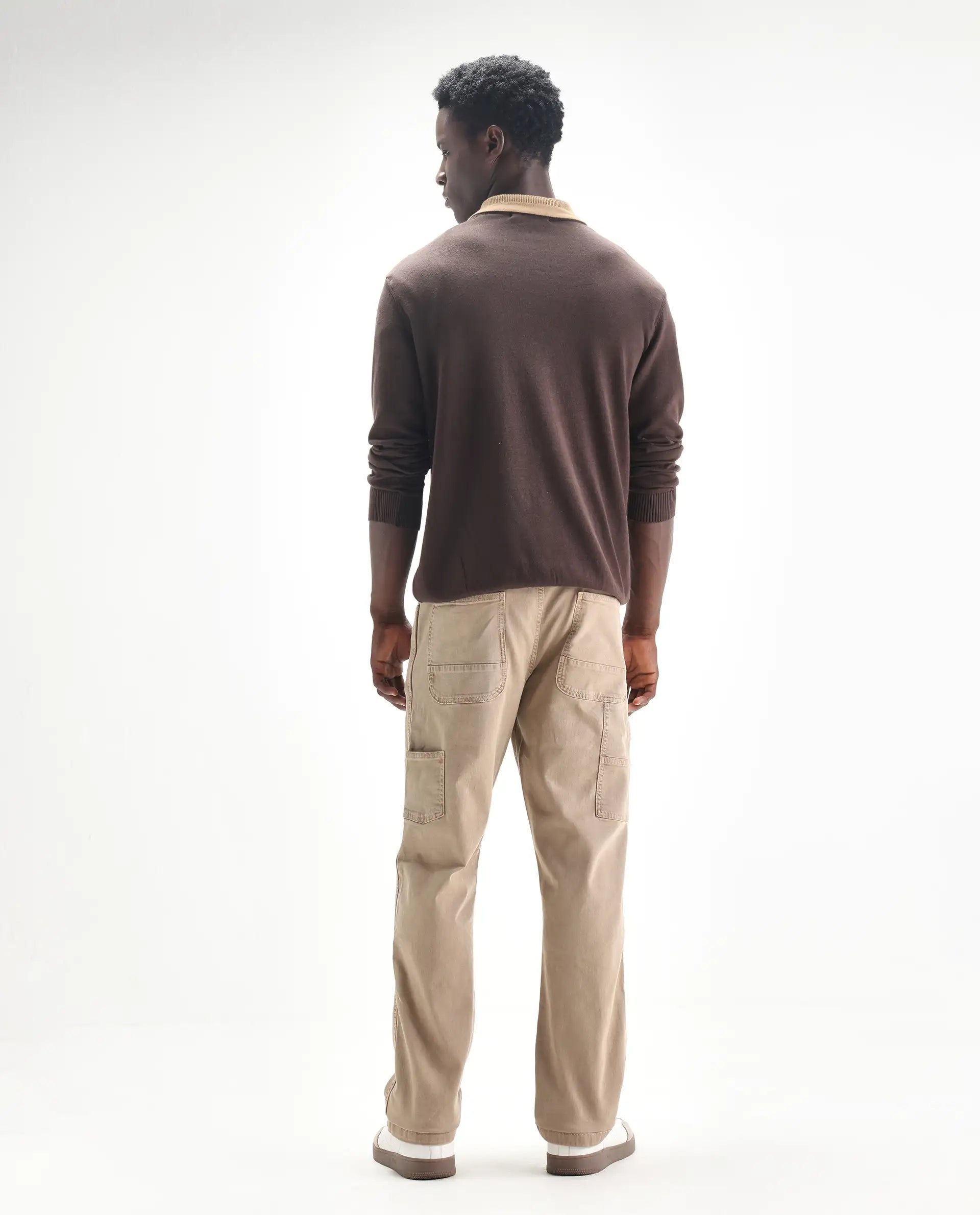 Rare Rabbit Men's Arni Light Beige Cotton Plain Relaxed Fit Jeans