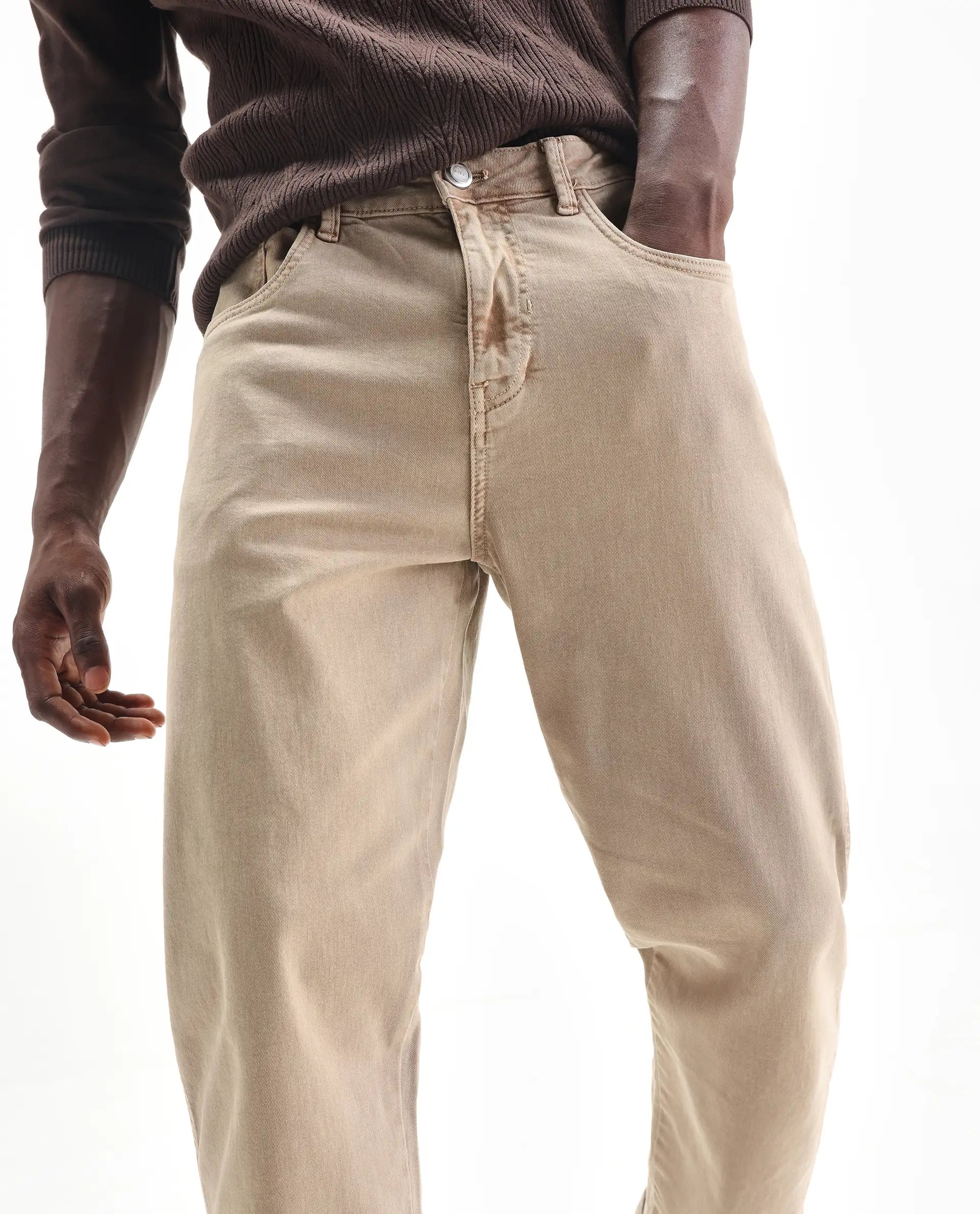 Rare Rabbit Men's Arni Light Beige Cotton Plain Relaxed Fit Jeans