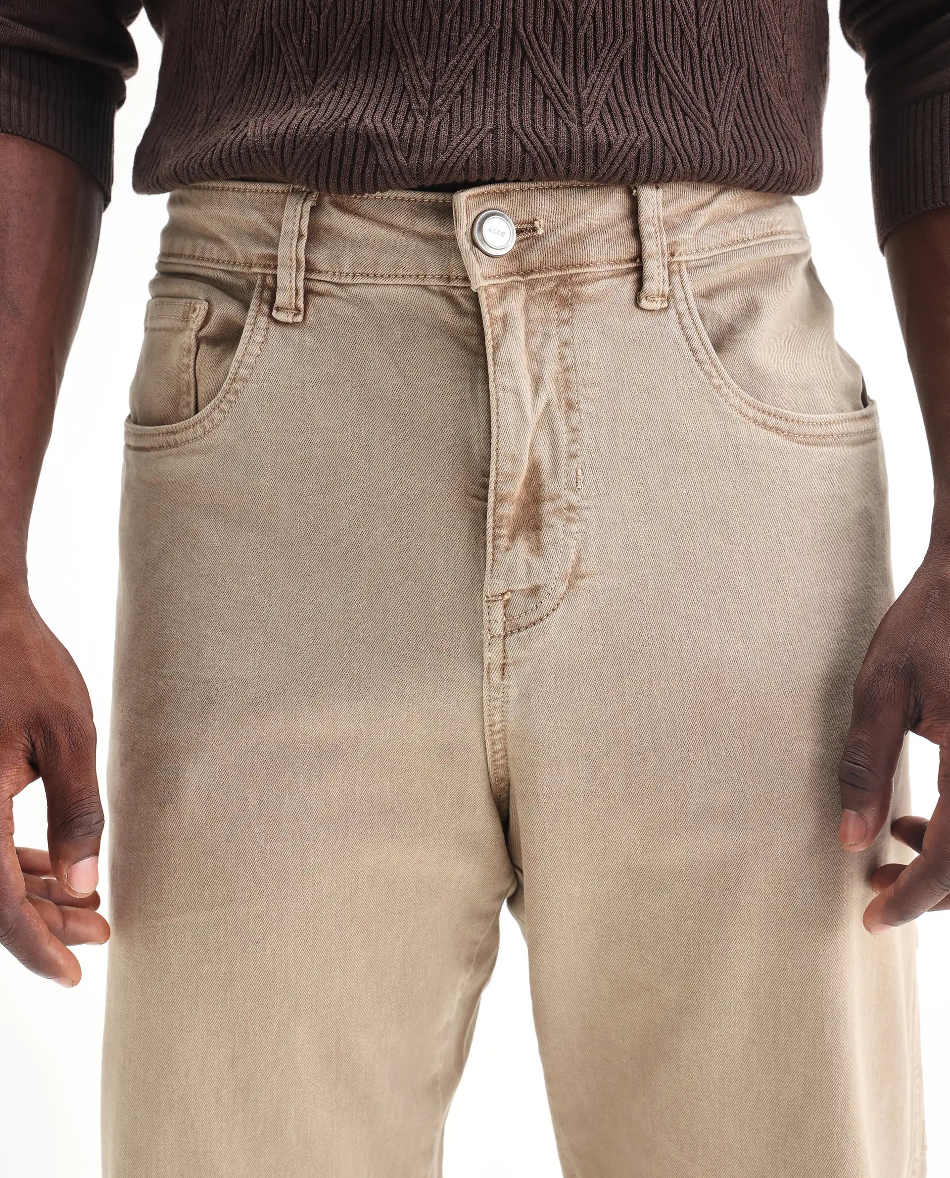 Rare Rabbit Men's Arni Light Beige Cotton Plain Relaxed Fit Jeans