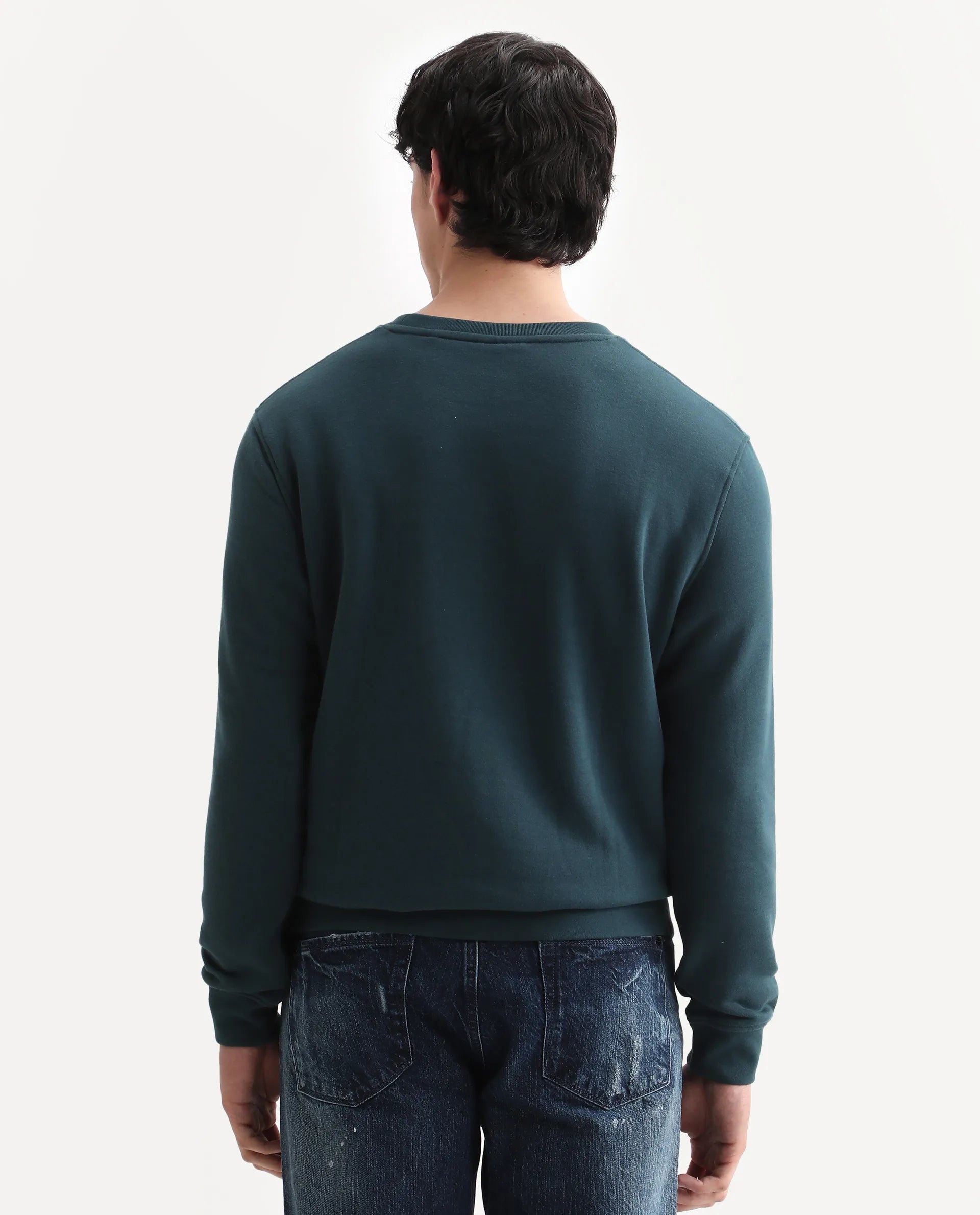 Rare Rabbit Men's Arnold Teal Cotton Embroidered Regular Fit Full Sleeve Crew Neck Sweatshirt