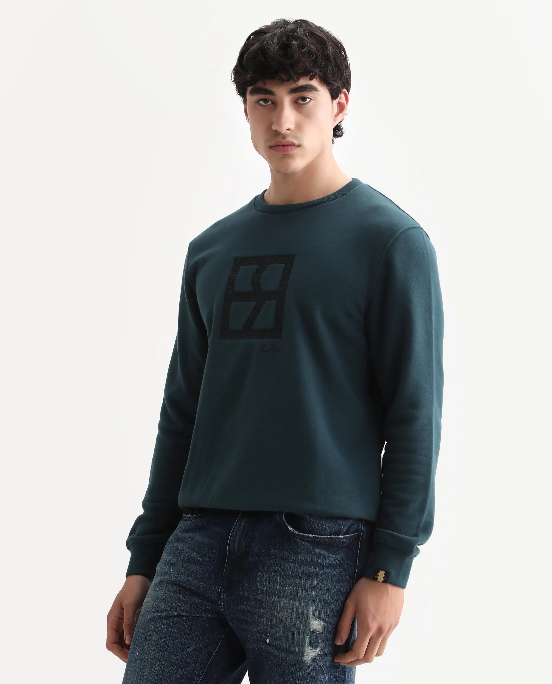 Rare Rabbit Men's Arnold Teal Cotton Embroidered Regular Fit Full Sleeve Crew Neck Sweatshirt