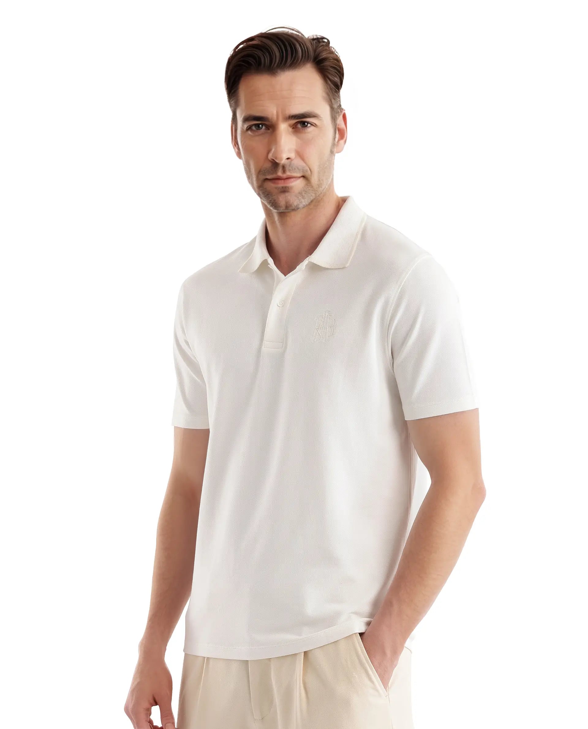 Rare Rabbit Men Aroe Off White Lycra Pique Fabric Short Sleeve Regular Collared Embroidered Logo Plain Polo