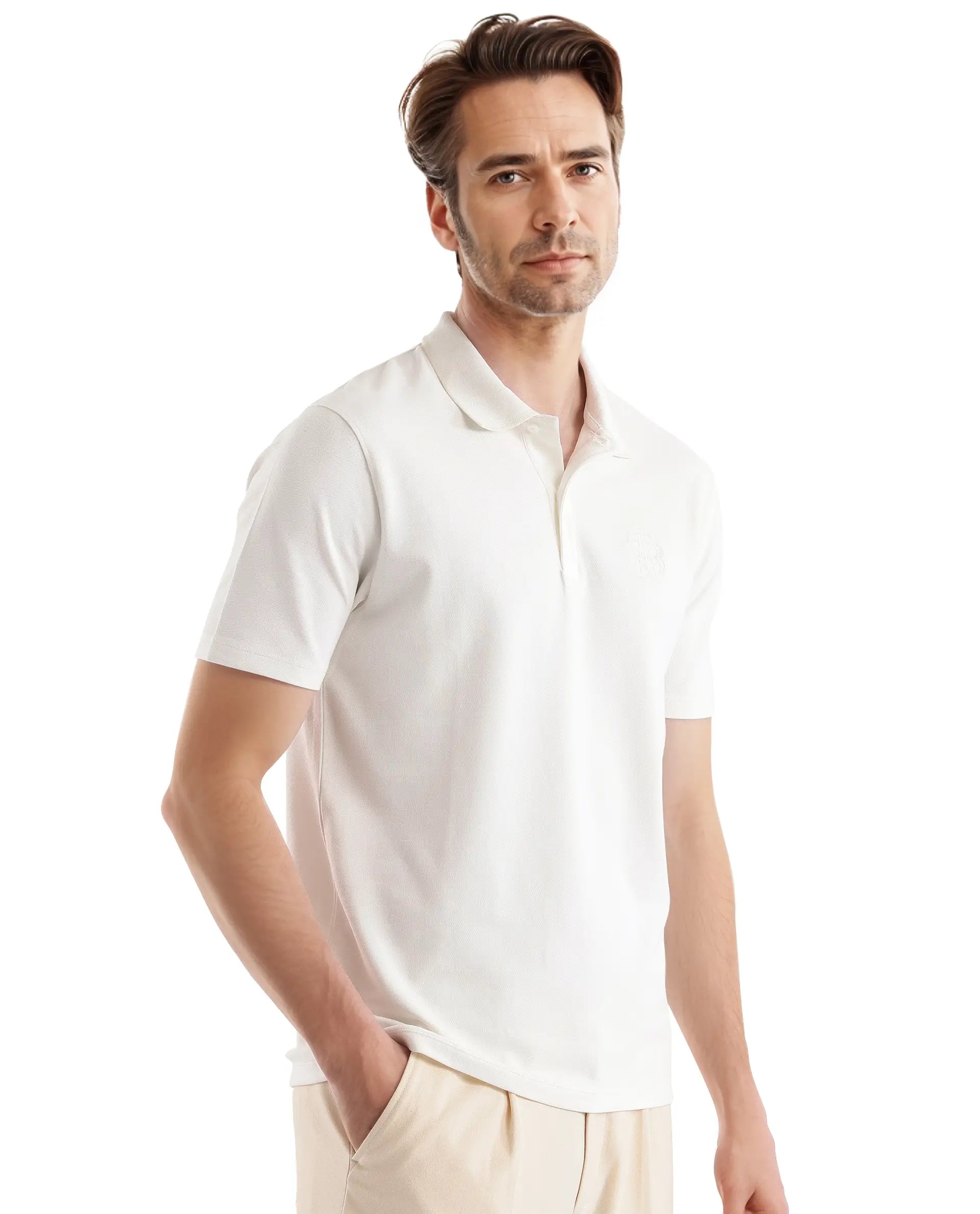 Rare Rabbit Men Aroe Off White Lycra Pique Fabric Short Sleeve Regular Collared Embroidered Logo Plain Polo