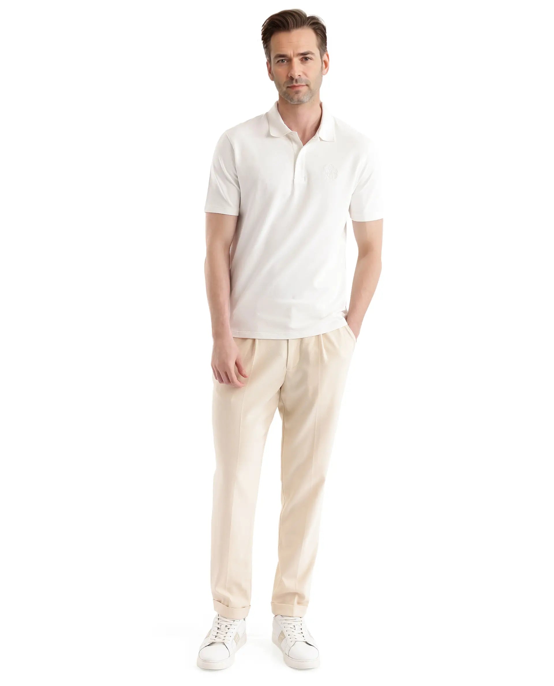 Rare Rabbit Men Aroe Off White Lycra Pique Fabric Short Sleeve Regular Collared Embroidered Logo Plain Polo