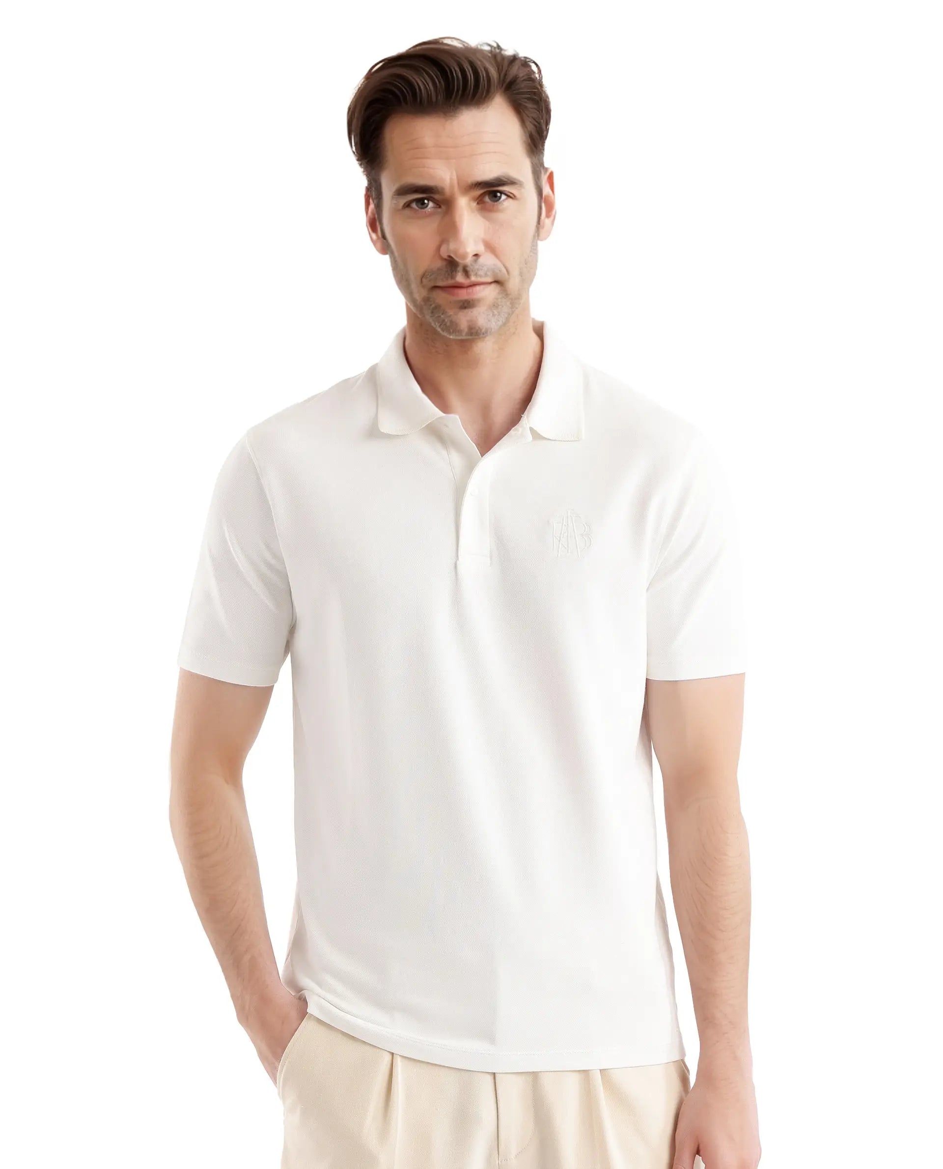 Rare Rabbit Men Aroe Off White Lycra Pique Fabric Short Sleeve Regular Collared Embroidered Logo Plain Polo