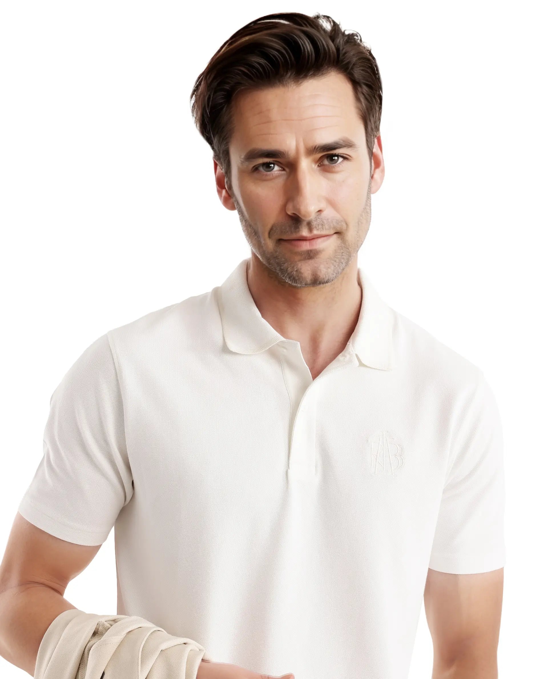 Rare Rabbit Men Aroe Off White Lycra Pique Fabric Short Sleeve Regular Collared Embroidered Logo Plain Polo