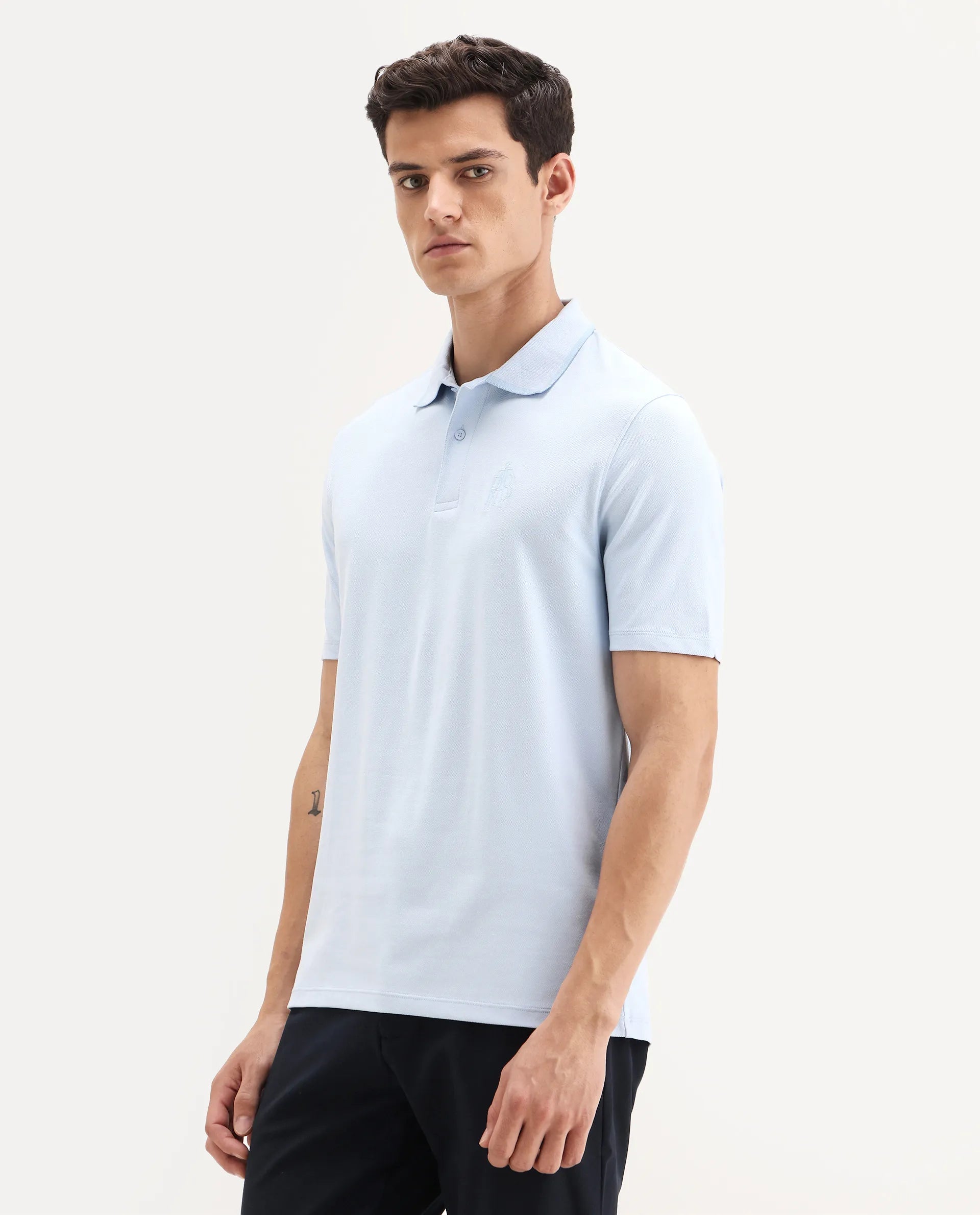 Rare Rabbit Men's Aroe Pastel Blue Cotton Blend Plain Regular Fit Half Sleeve Polo