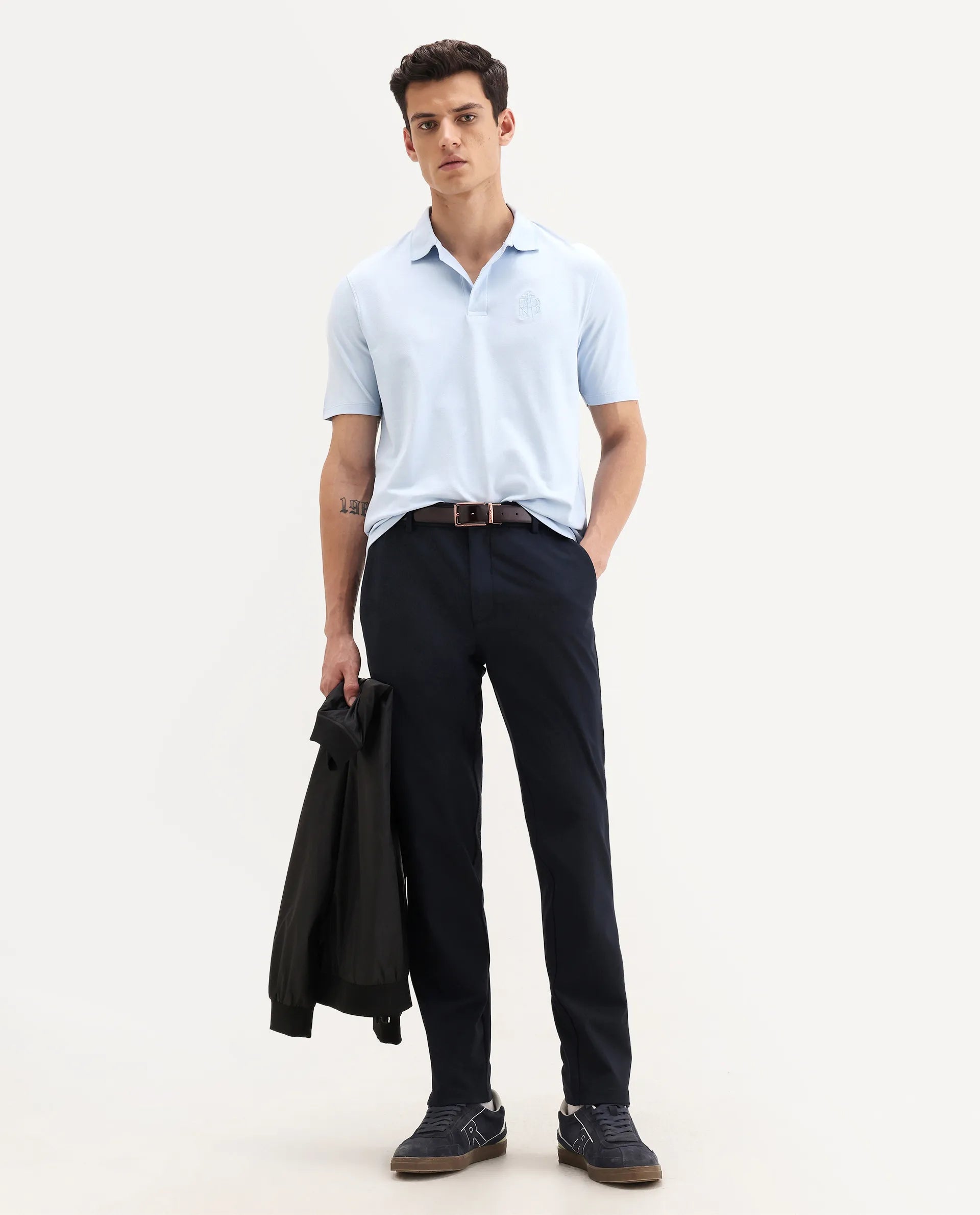 Rare Rabbit Men's Aroe Pastel Blue Cotton Blend Plain Regular Fit Half Sleeve Polo