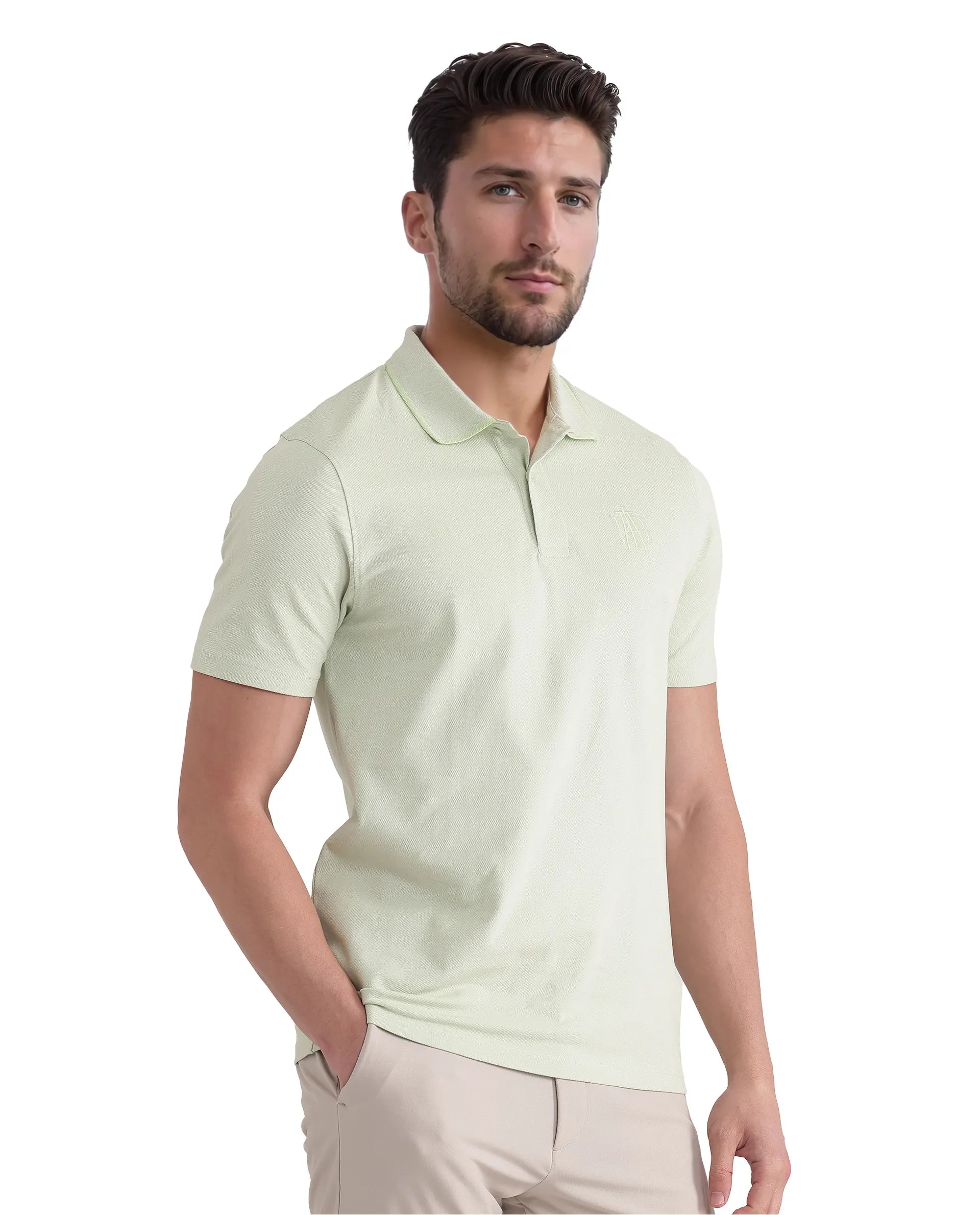 Rare Rabbit Men Aroe Pastel Green Short Sleeve Collared Neck Button Closure Plain Polo