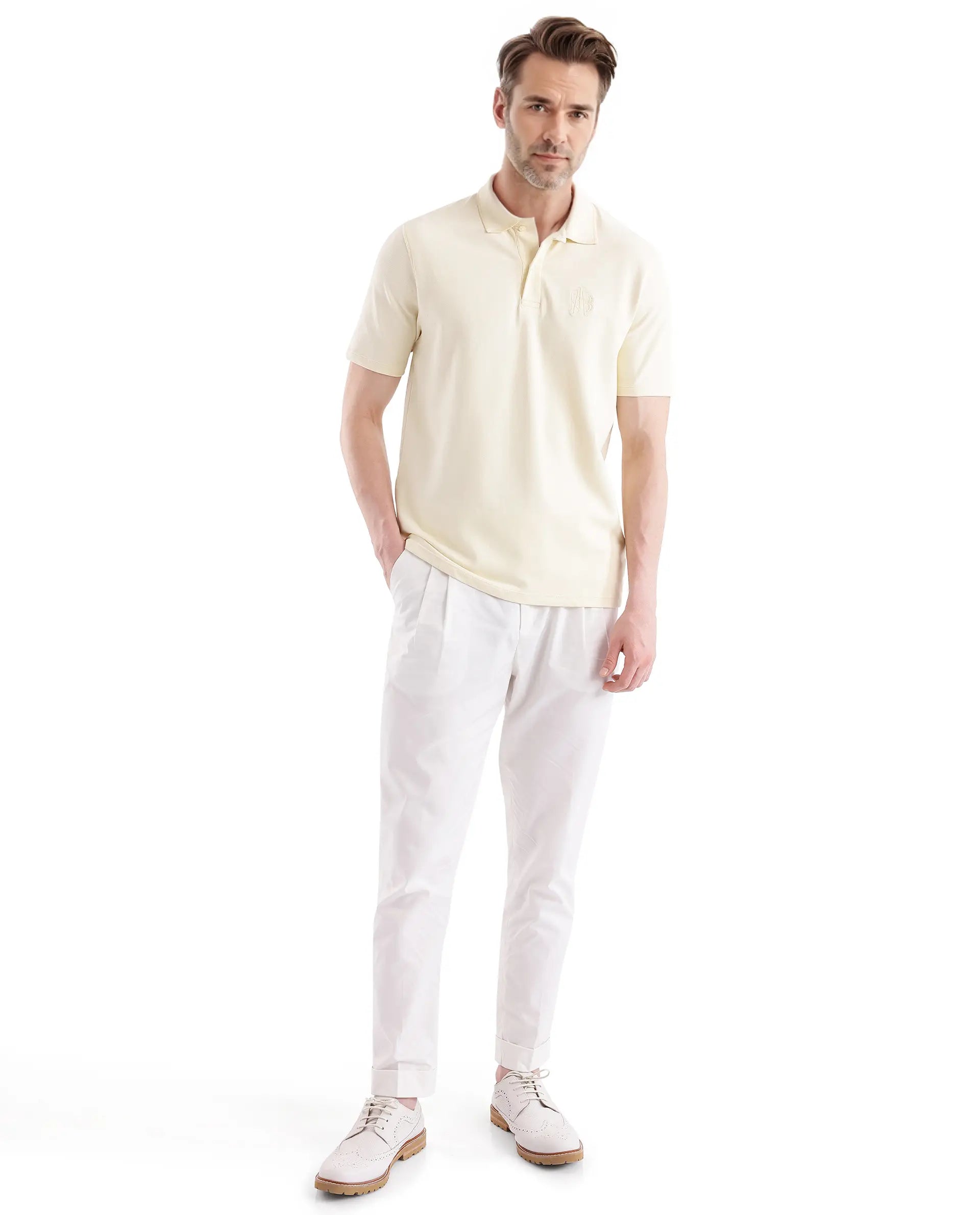 Rare Rabbit Men Aroe Pastel Yellow Lycra Pique Fabric Short Sleeve Regular Collared Embroidered Logo Plain Polo