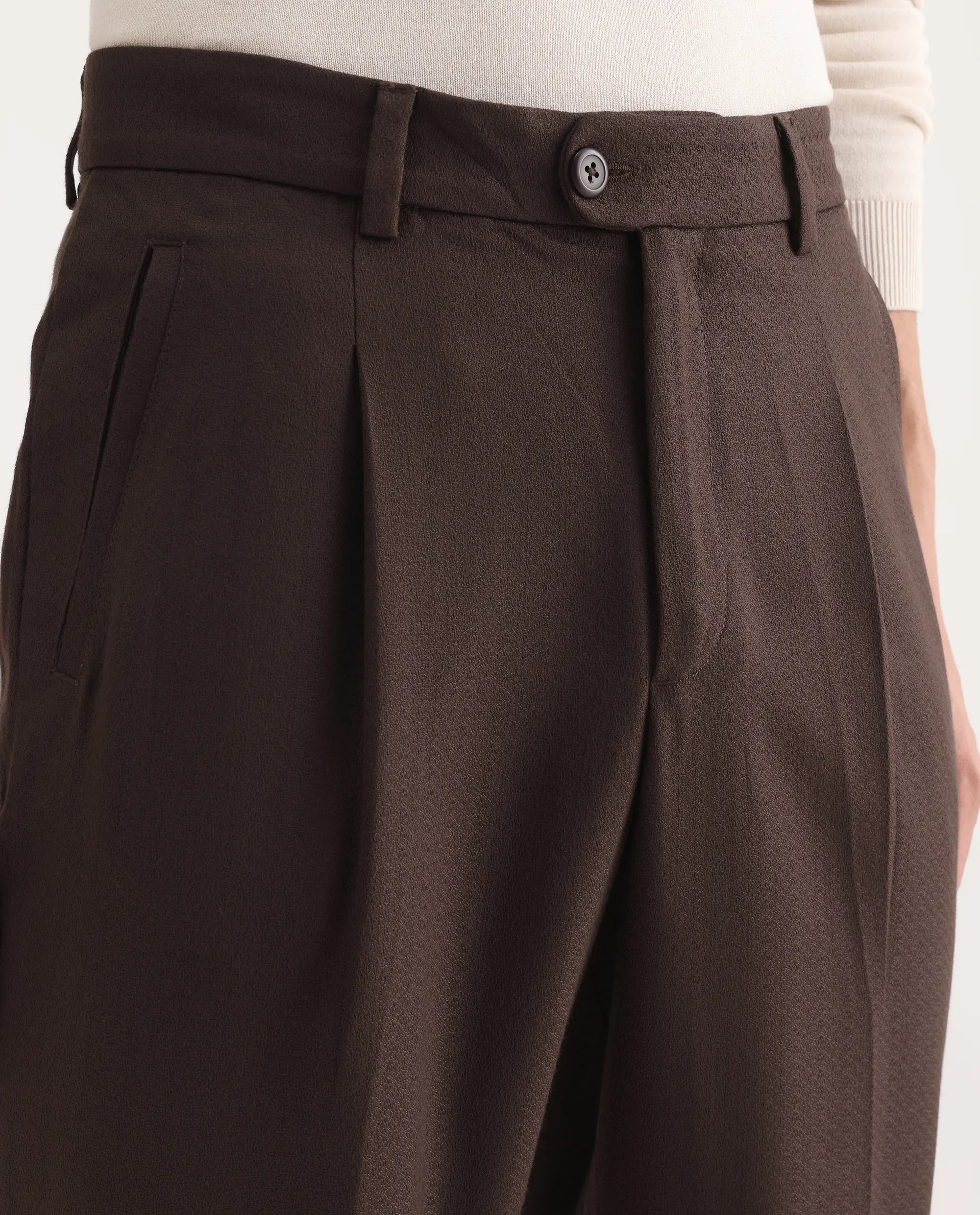 Rare Rabbit Men's Aront B Dark Brown Polyester Blend Plain Relaxed Fit Trouser