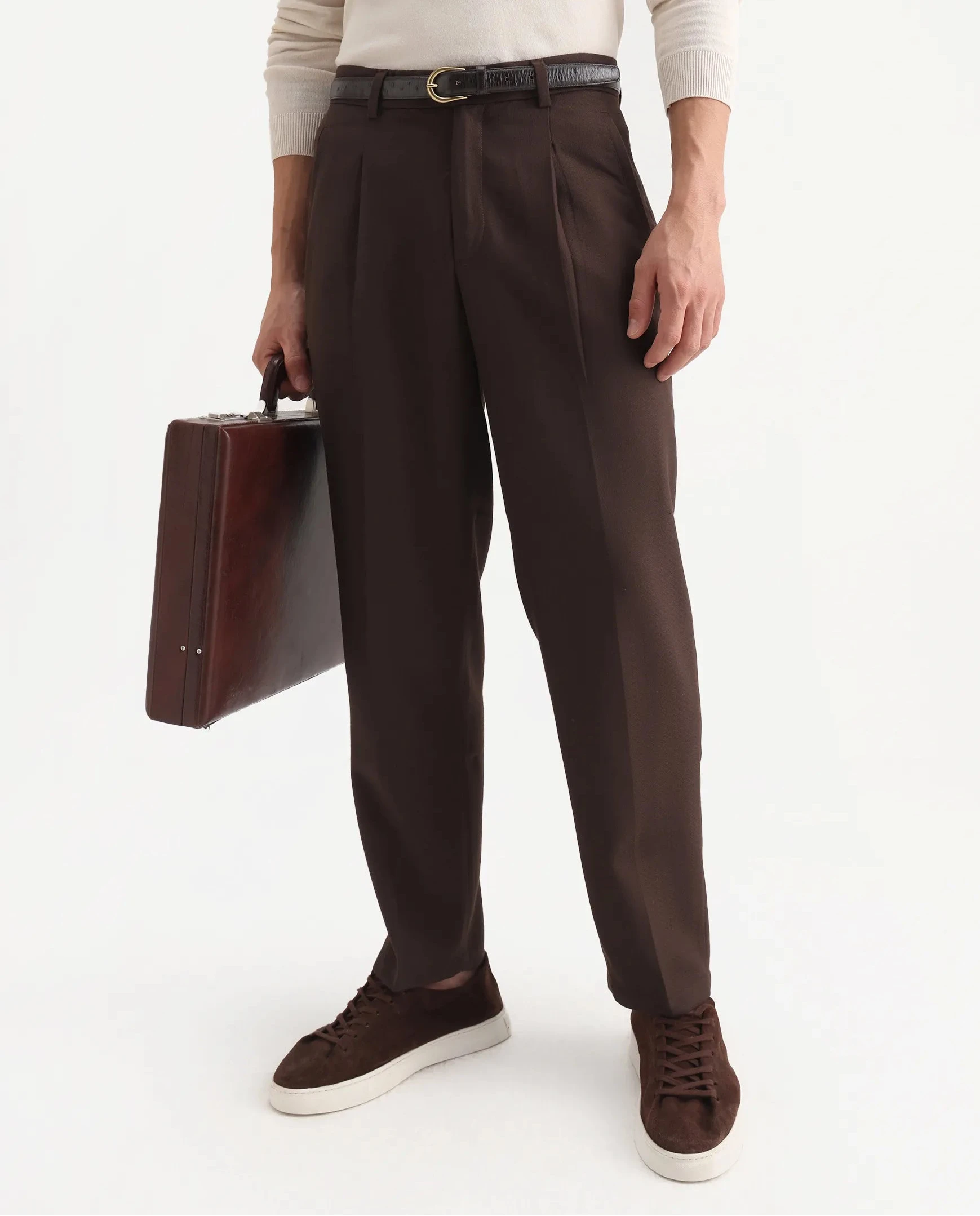 Rare Rabbit Men's Aront B Dark Brown Polyester Blend Plain Relaxed Fit Trouser