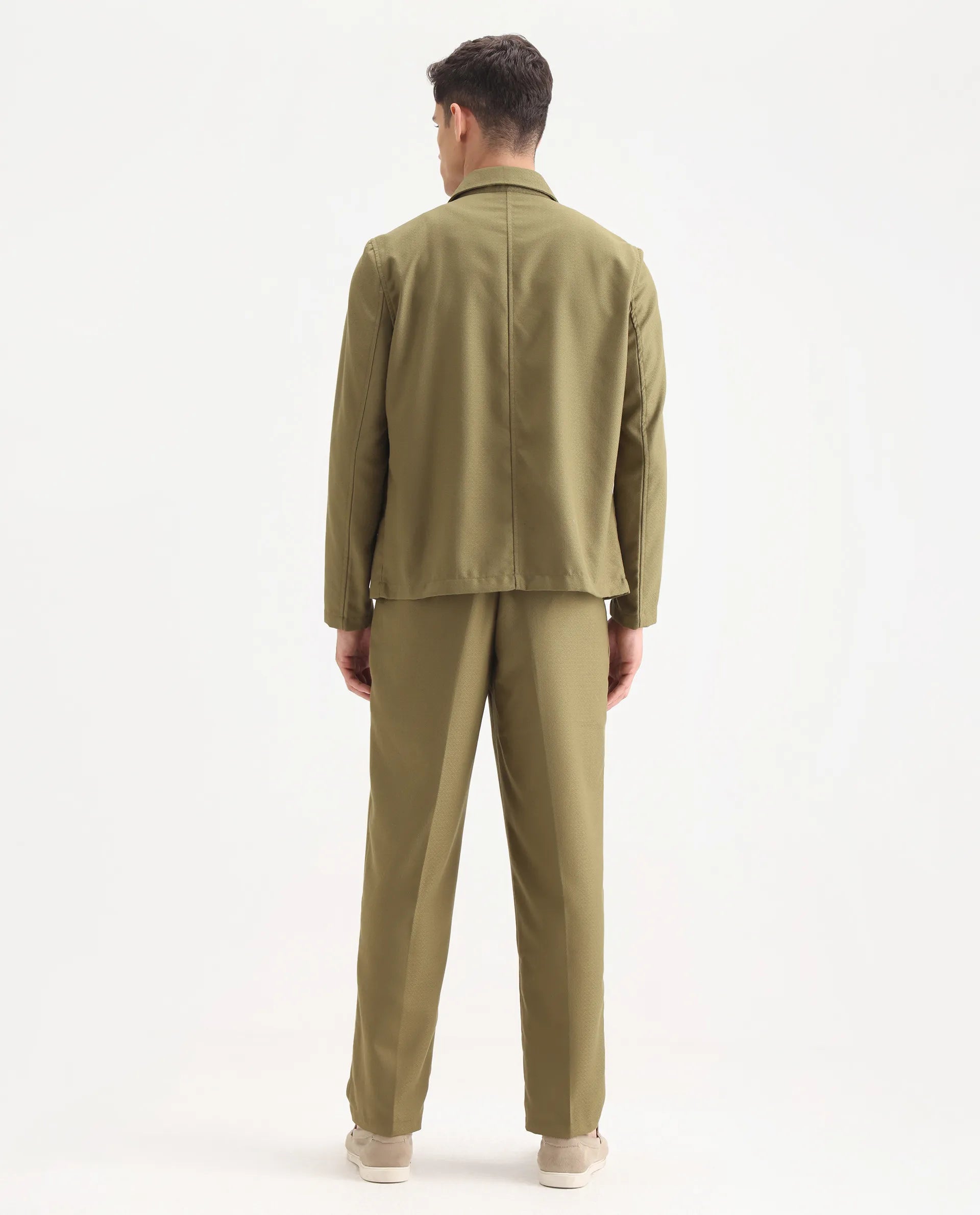 Rare Rabbit Men's Aront B Olive Polyester Blend Plain Relaxed Fit Trouser