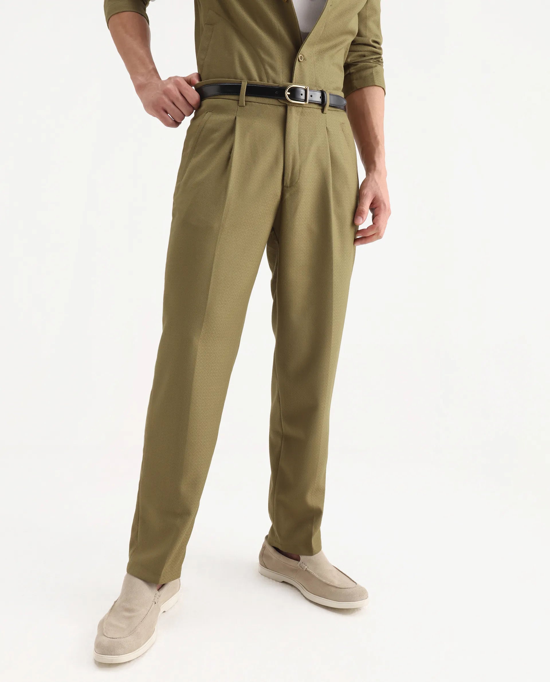 Rare Rabbit Men's Aront B Olive Polyester Blend Plain Relaxed Fit Trouser
