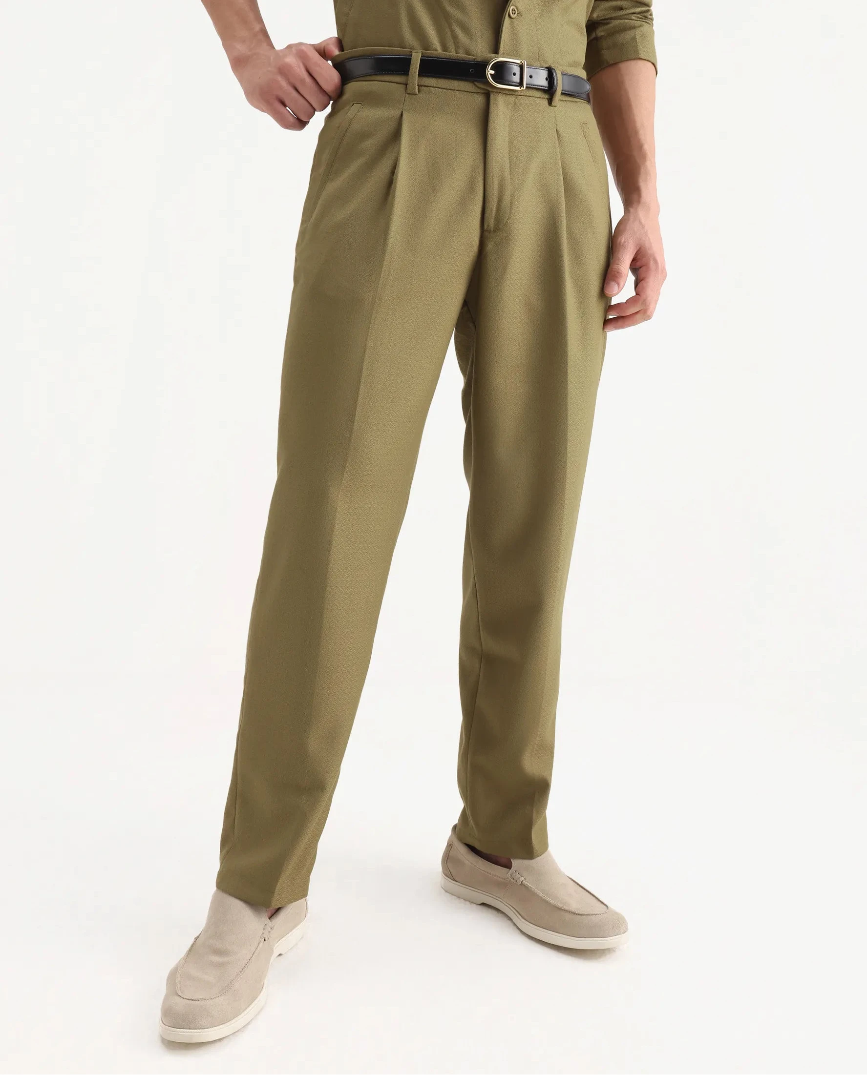 Rare Rabbit Men's Aront B Olive Polyester Blend Plain Relaxed Fit Trouser