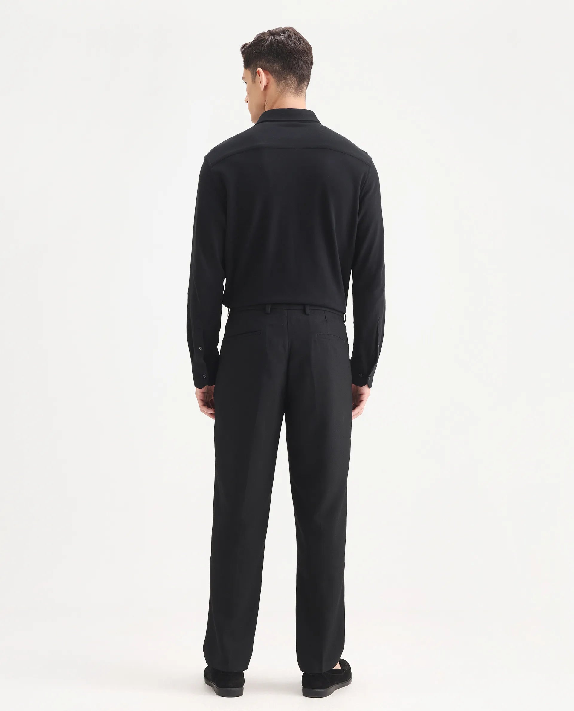 Rare Rabbit Men's Aront B Black Polyester Blend Plain Relaxed Fit Trouser