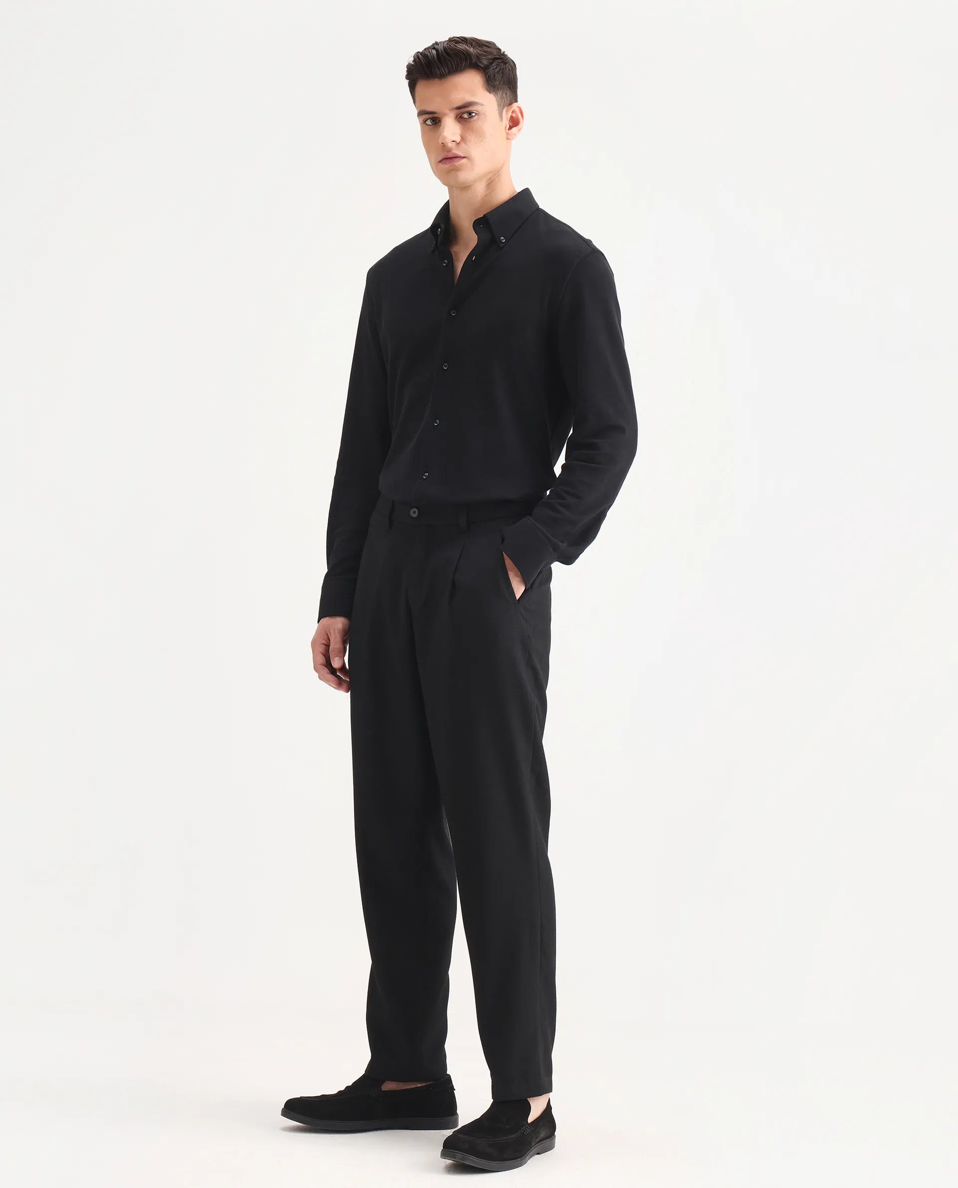 Rare Rabbit Men's Aront B Black Polyester Blend Plain Relaxed Fit Trouser