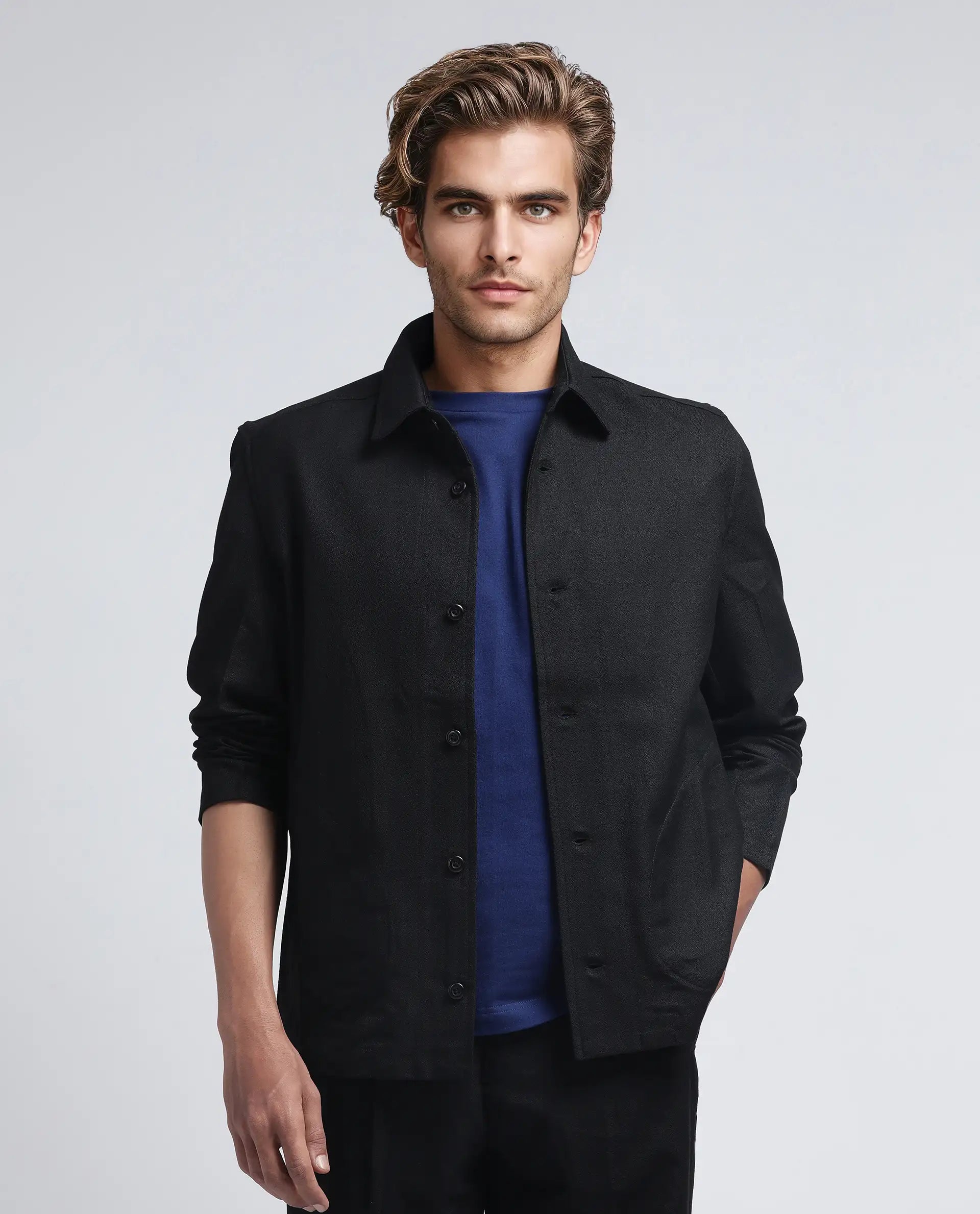 Rare Rabbit Men Aront Black Polyester Fabric Full Sleeve Collared Neck Button Closure Plain Jacket