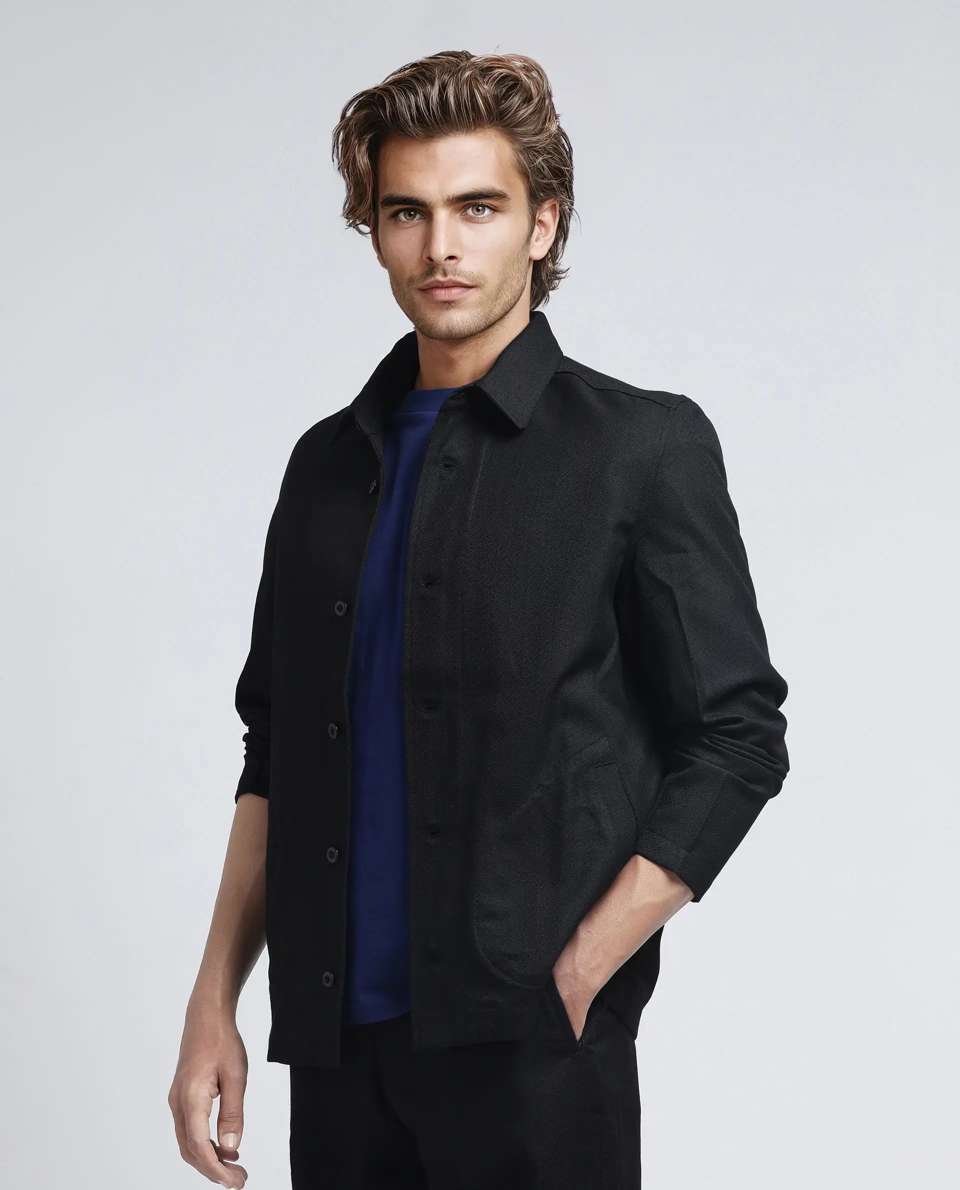 Rare Rabbit Men Aront Black Polyester Fabric Full Sleeve Collared Neck Button Closure Plain Jacket