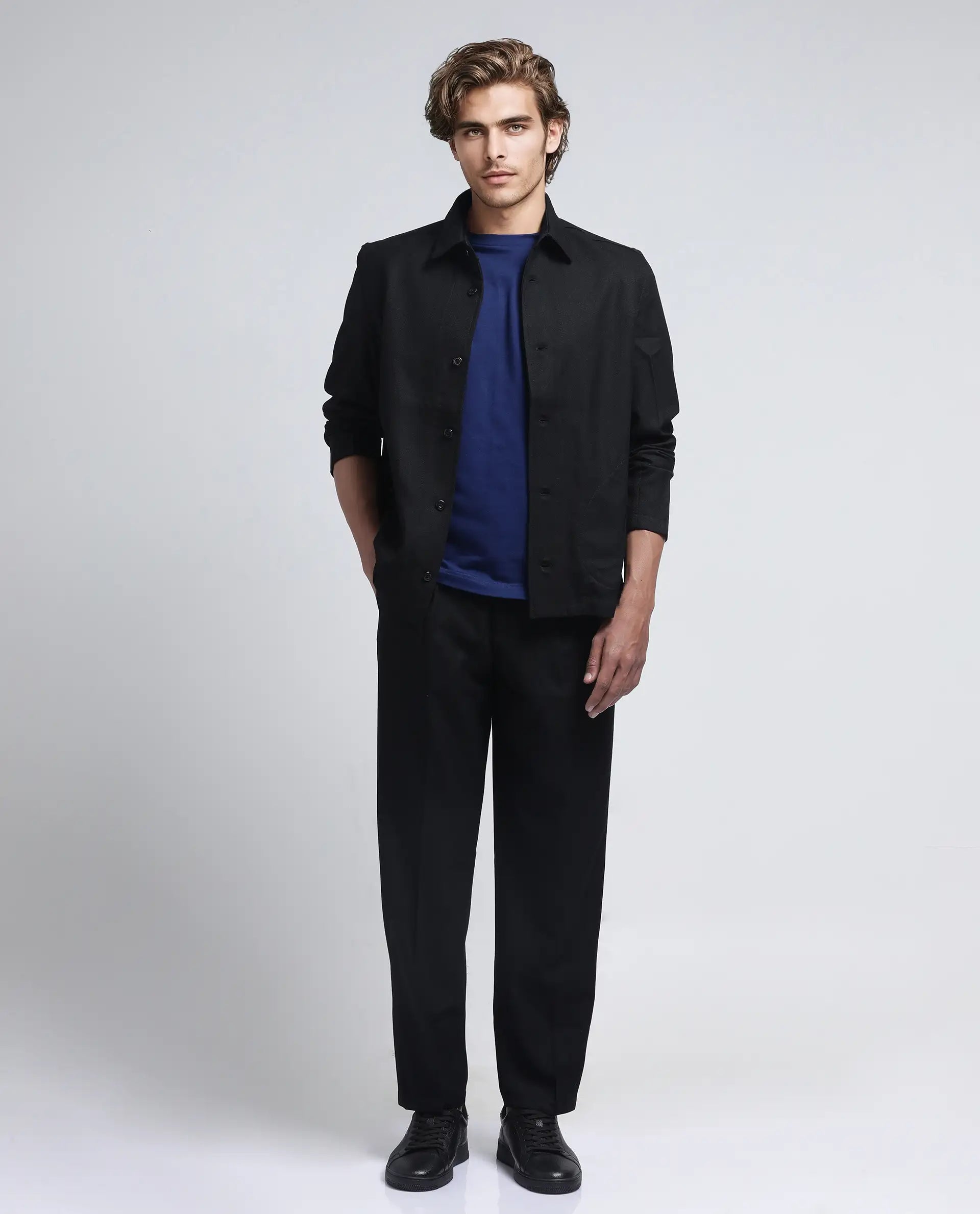 Rare Rabbit Men Aront Black Polyester Fabric Full Sleeve Collared Neck Button Closure Plain Jacket