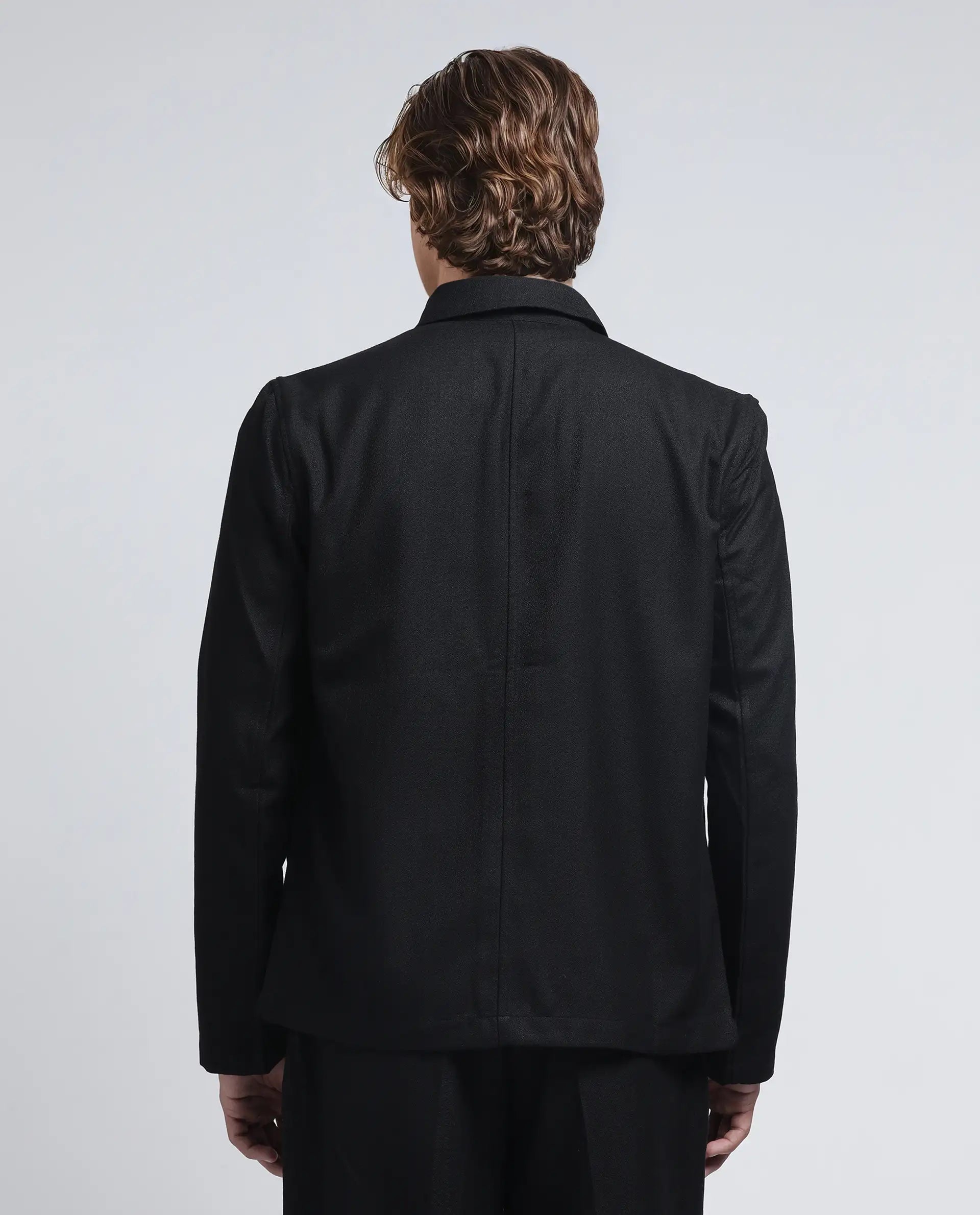 Rare Rabbit Men Aront Black Polyester Fabric Full Sleeve Collared Neck Button Closure Plain Jacket