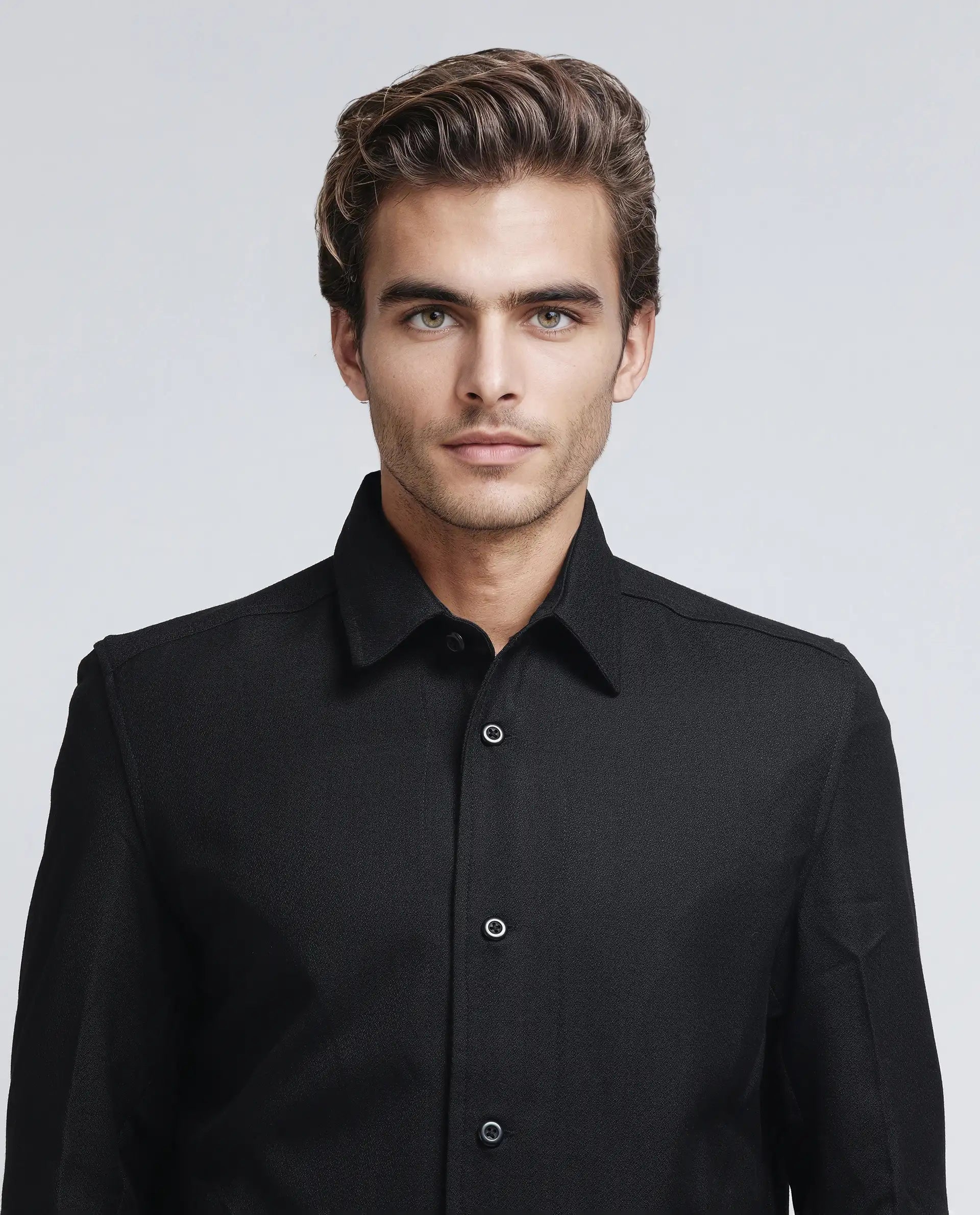 Rare Rabbit Men Aront Black Polyester Fabric Full Sleeve Collared Neck Button Closure Plain Jacket