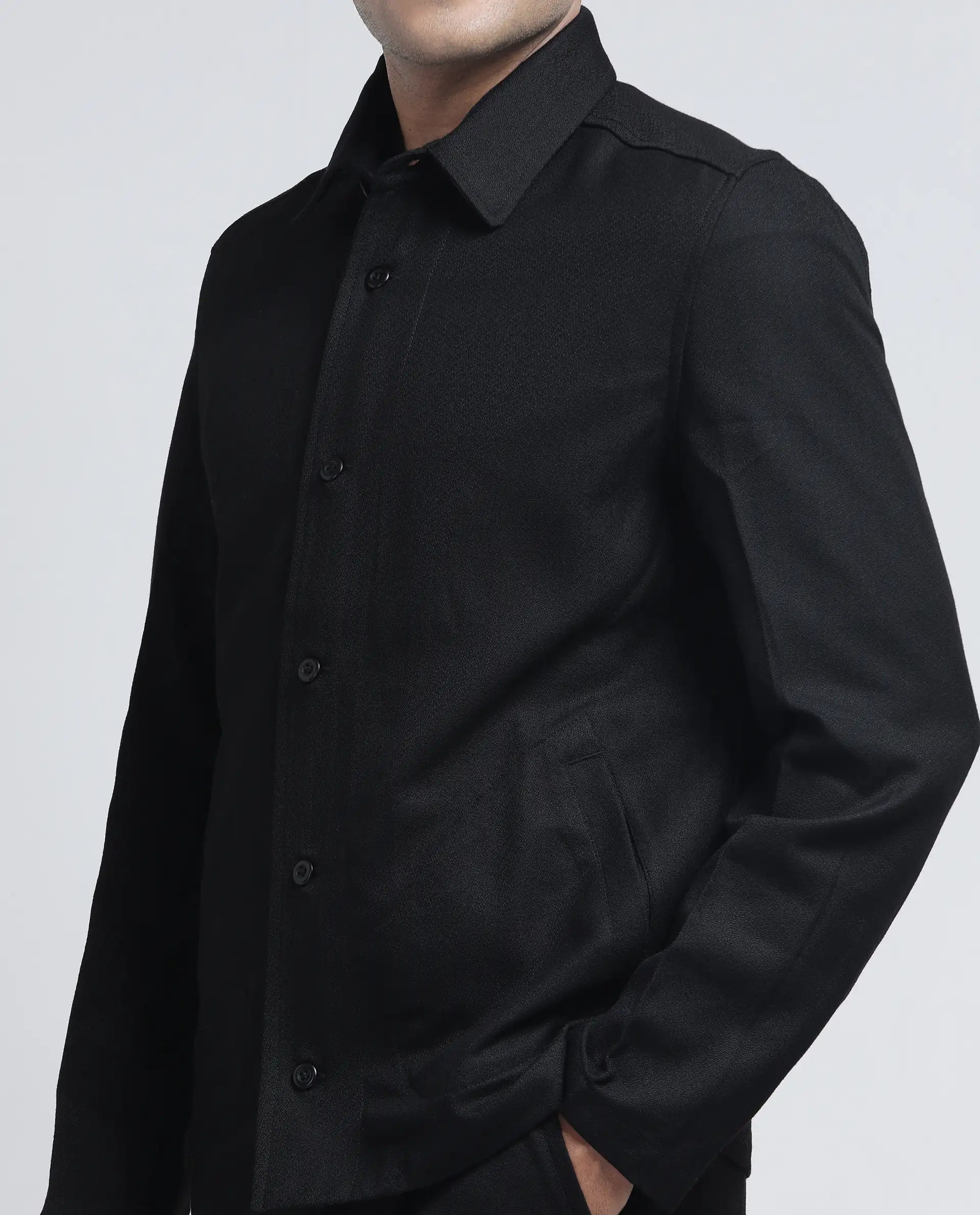 Rare Rabbit Men Aront Black Polyester Fabric Full Sleeve Collared Neck Button Closure Plain Jacket