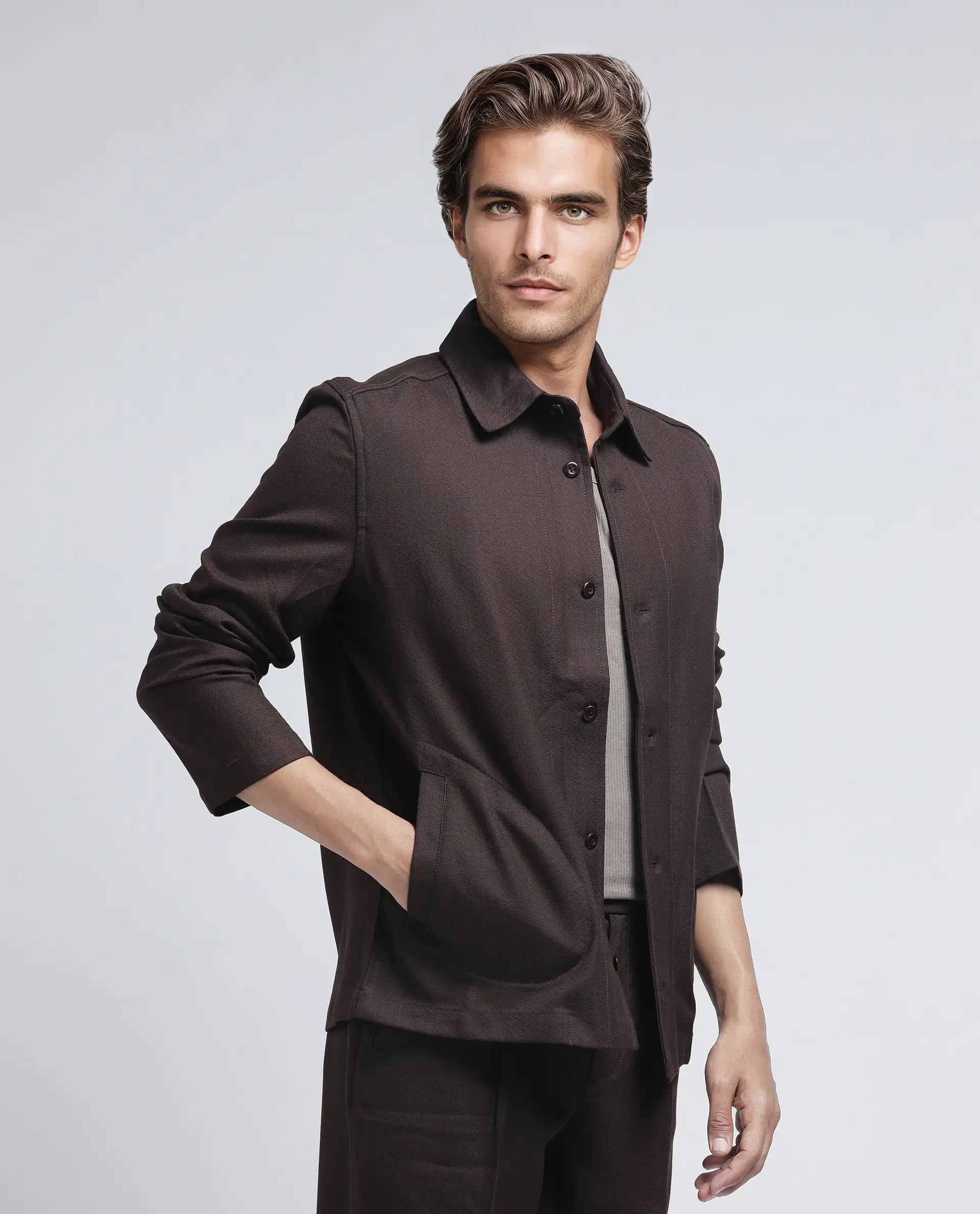 Rare Rabbit Men Aront Dark Brown Polyester Fabric Full Sleeve Collared Neck Button Closure Plain Jacket