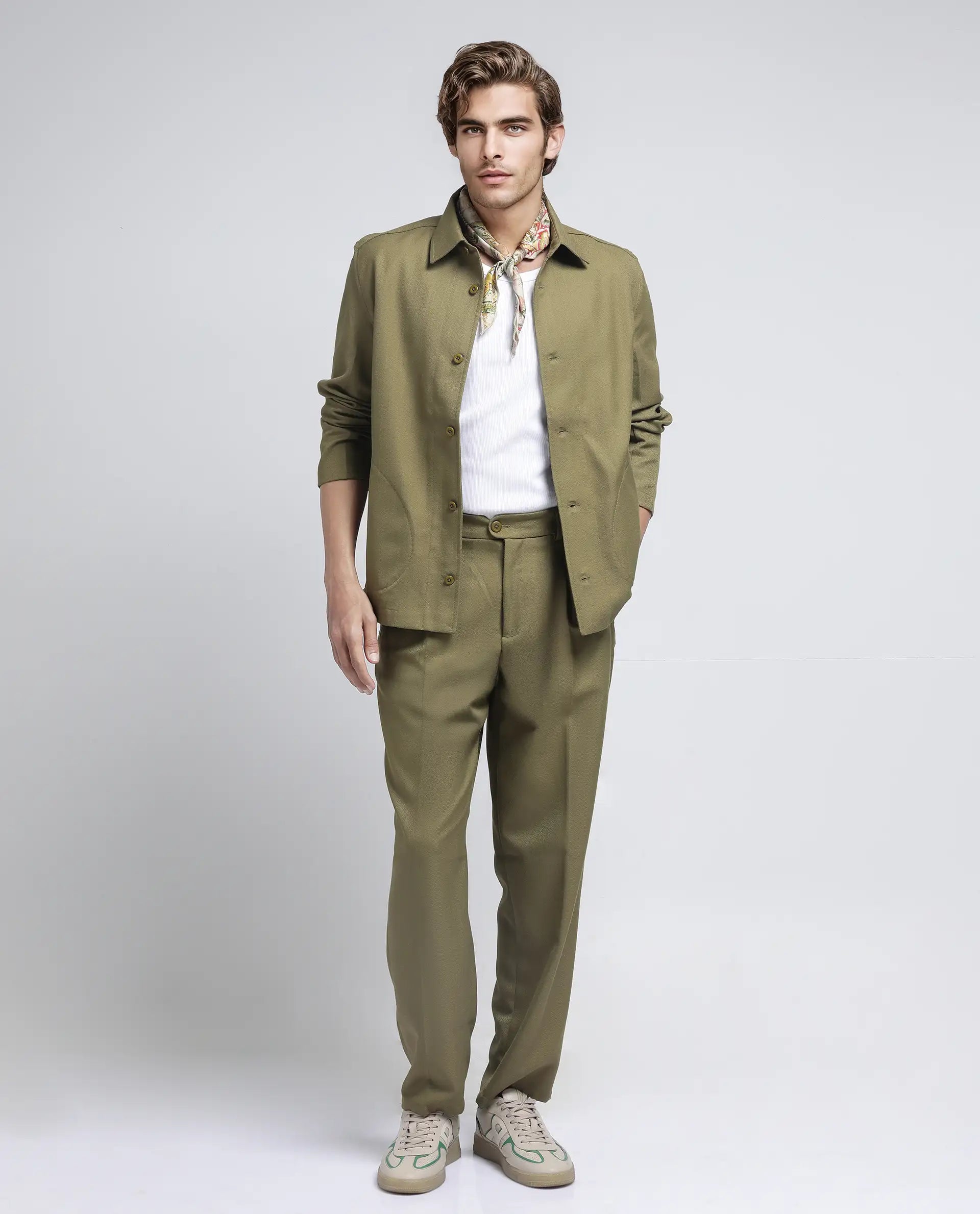 Rare Rabbit Men Aront Olive Polyester Fabric Full Sleeve Collared Neck Button Closure Plain Jacket