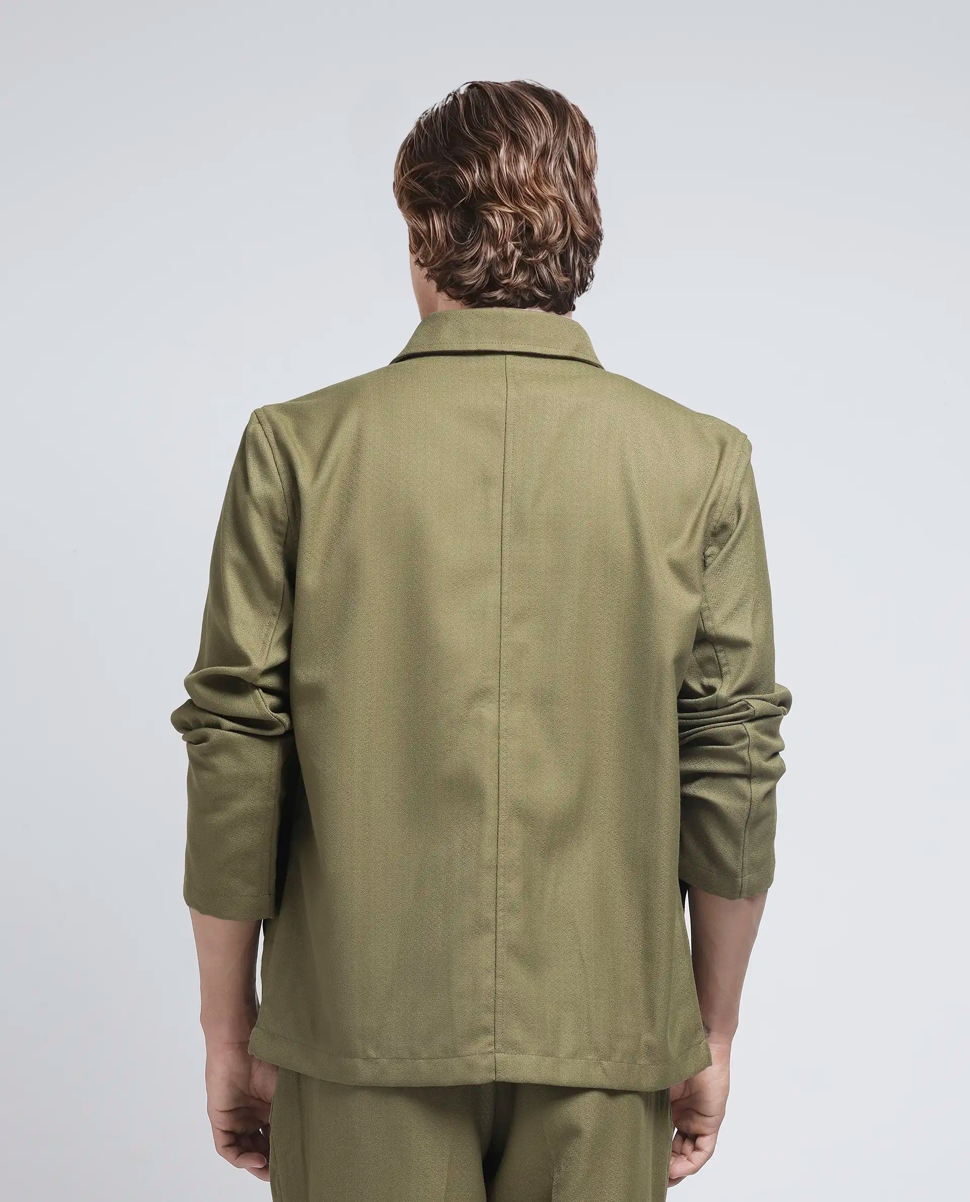 Rare Rabbit Men Aront Olive Polyester Fabric Full Sleeve Collared Neck Button Closure Plain Jacket